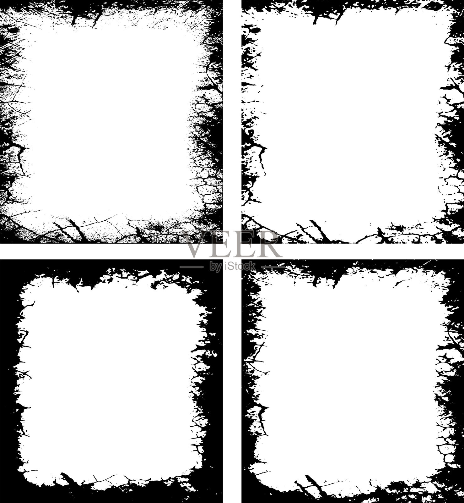 通过破旧美学的艺术表达：四款独特的磨损照片框，具有裂纹和风化的边框，展现大胆前卫的展示风格，磨损照片框的独特特点。插画图片素材