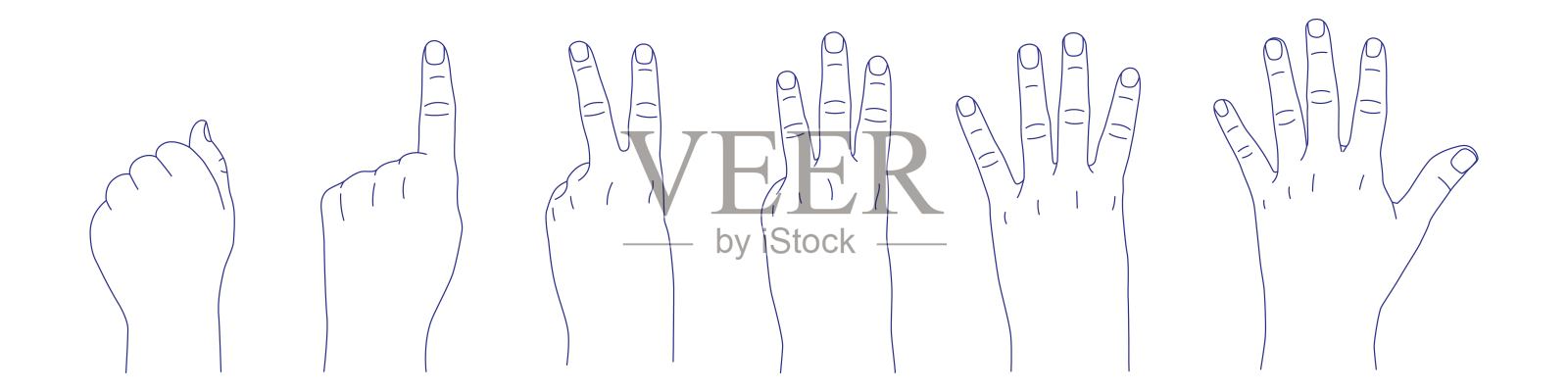手势集合草图，展示不同手势。用手指计数：一、二、三、四和五。拳头和手掌背面。食指、中指、无名指、小指和拇指。插画图片素材