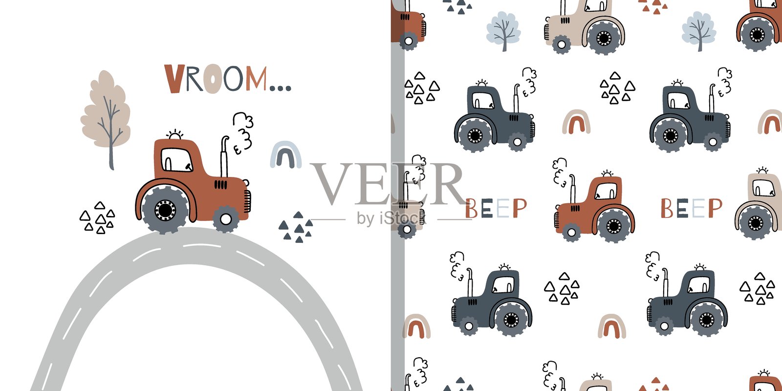 一组多辆汽车及其无缝图案，适合儿童使用。非常适合儿童床上用品、面料、墙纸、包装纸、纺织品和T恤印刷。矢量插图插画图片素材