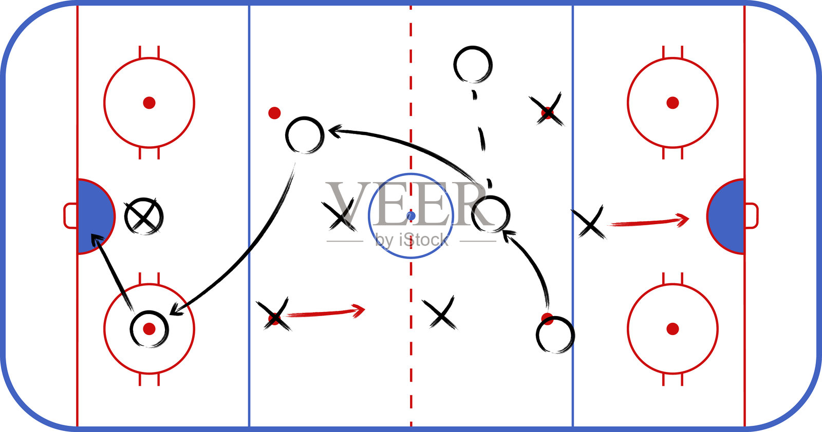 冰球场。冰球场地。国际冰球场标准尺寸和大小。冰球战术计划、方案或策略。冰球运动场地计划与比赛策略。矢量插图。插画图片素材