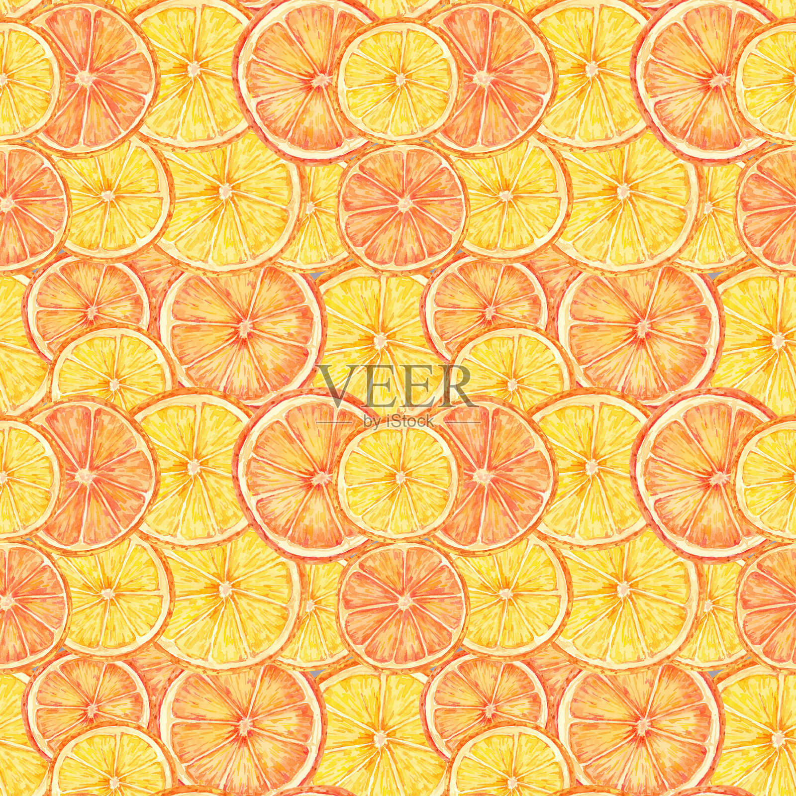 橙色切片，明亮的橙色和黄色形成密集的无缝水彩图案。非常适合清新的纺织品设计和包装纸。插画图片素材