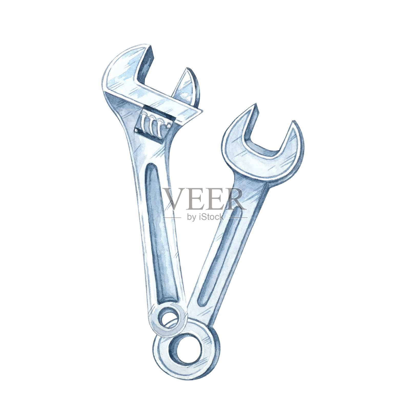 两把交叉的金属扳手，包括一把可调扳手。手绘水彩插图。工具包品牌的剪贴画。插画图片素材