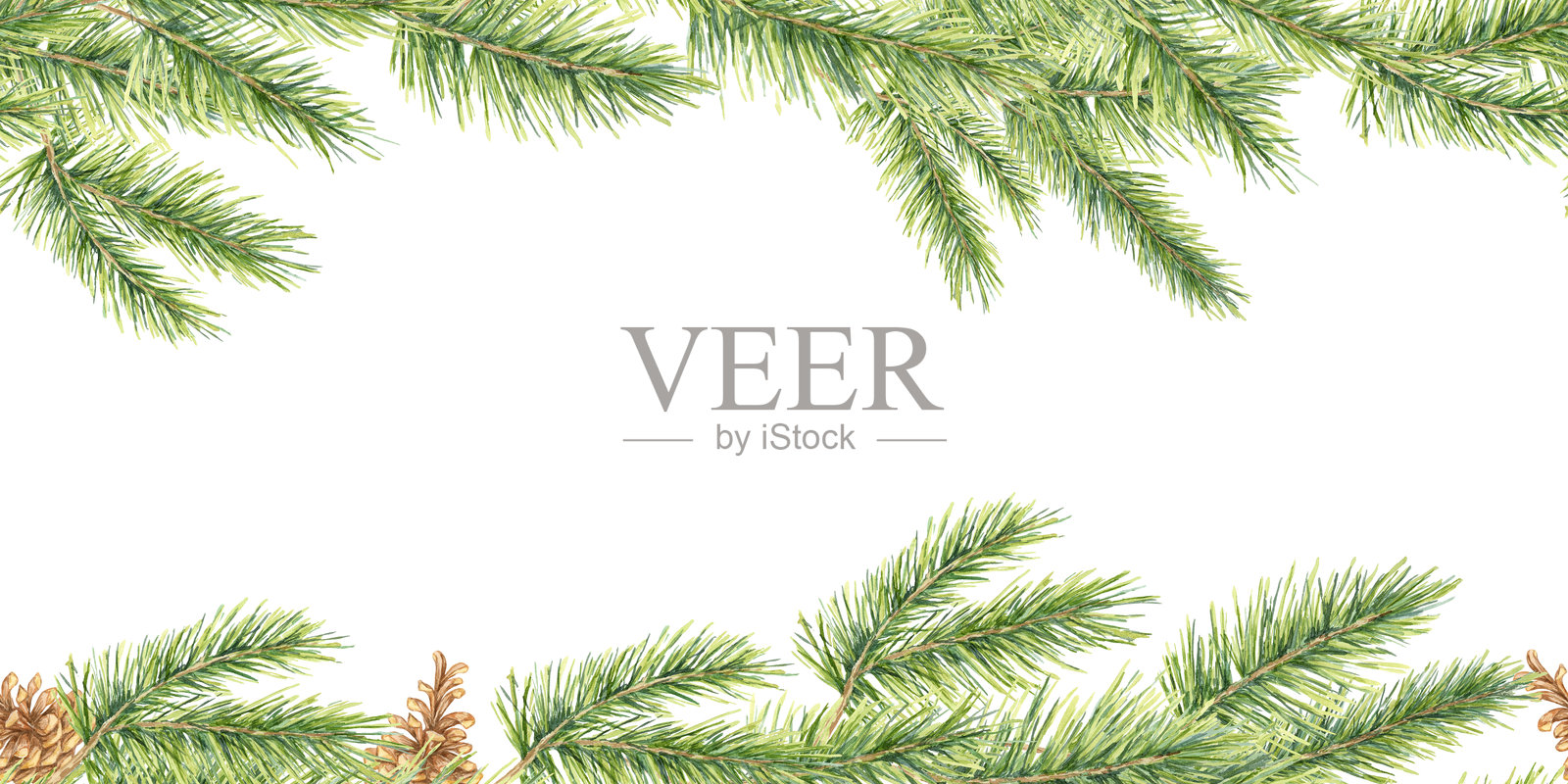 逼真的水彩松枝与细腻的棕色松果构成无缝边框剪贴画。非常适合用作礼品标签。插画图片素材