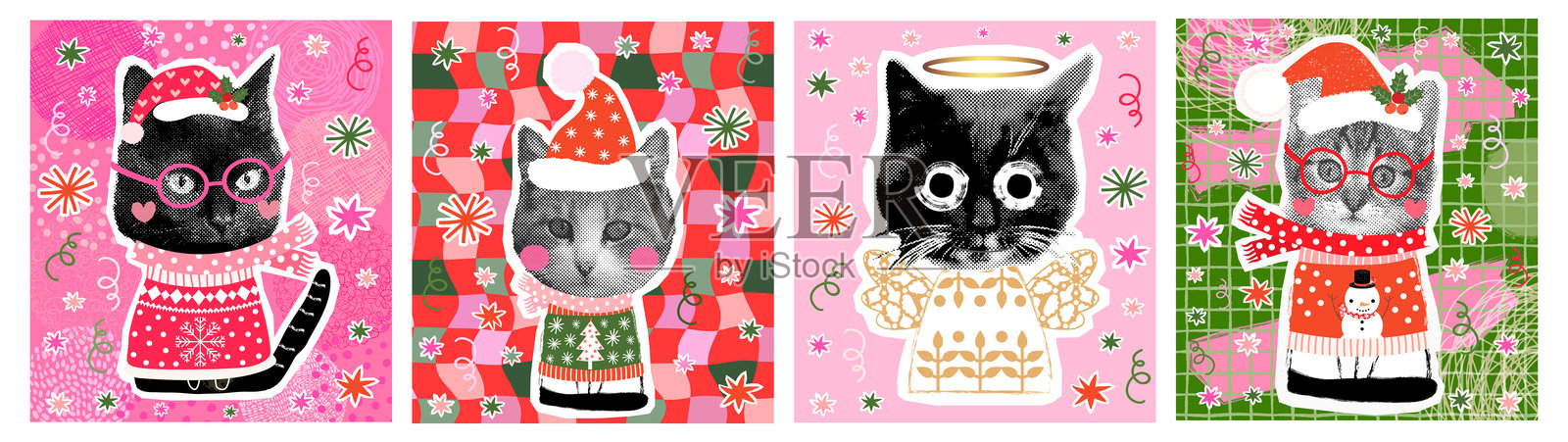 有趣的冬季问候卡，配有可爱的猫咪穿着丑陋的圣诞毛衣、圣诞老人帽、围巾，搞笑的猫咪天使插图拼贴画插画图片素材