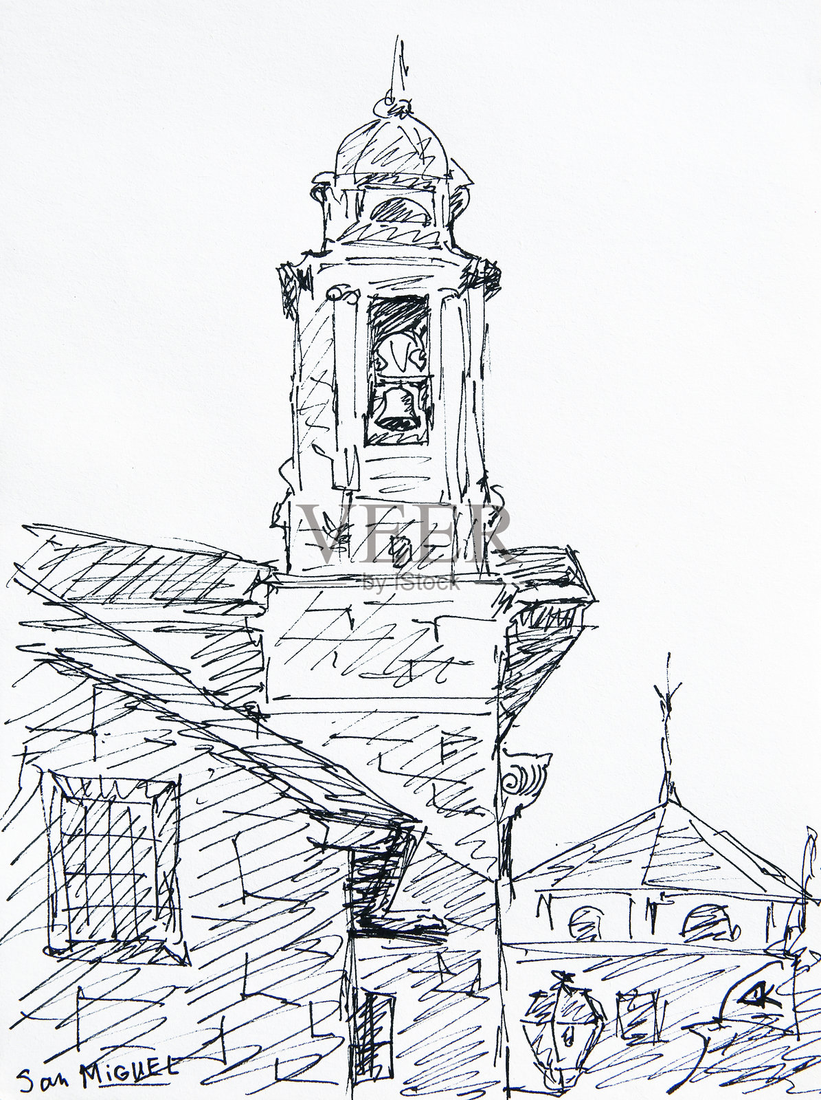 手绘墨水画，描绘西班牙圣地亚哥德孔波斯特拉的圣米格尔教堂插画图片素材