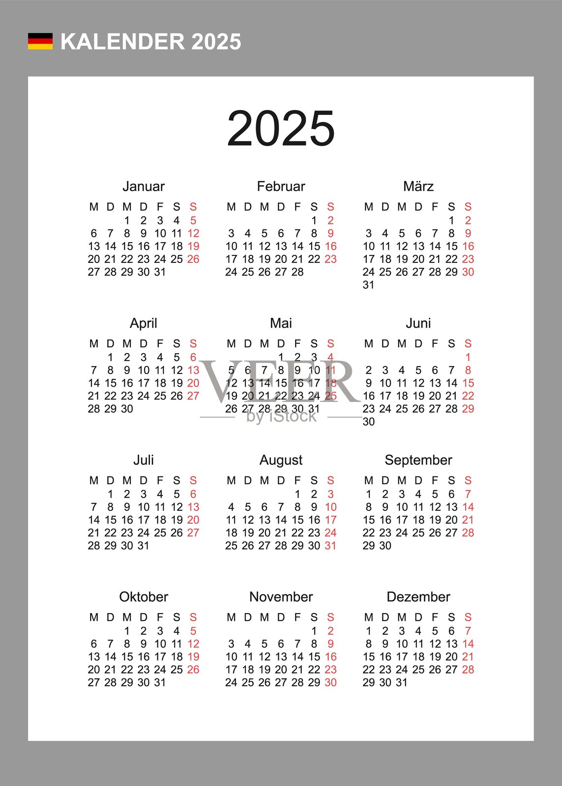 2025年德国日历。周一开始。简单的矢量模板。商务设计规划器。插画图片素材