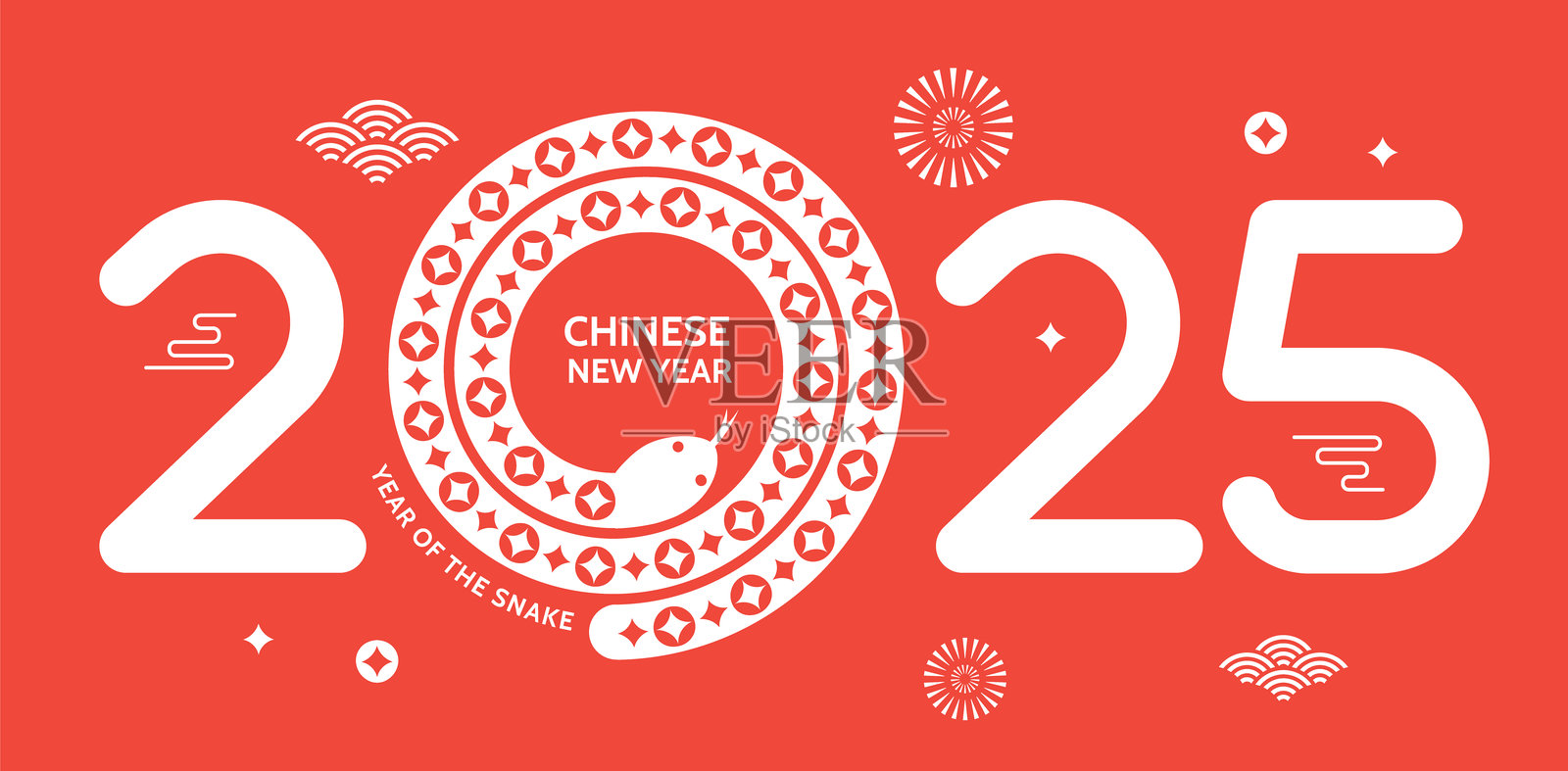 2025年春节，蛇年。中国生肖蛇的象征。农历新年背景，横幅，海报，贺卡。插画图片素材