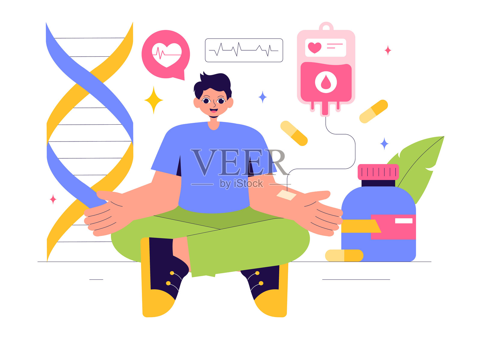 生物黑客矢量插图，展示生物黑客的技术过程和在线健康信息黑客，背景为扁平风格插画图片素材