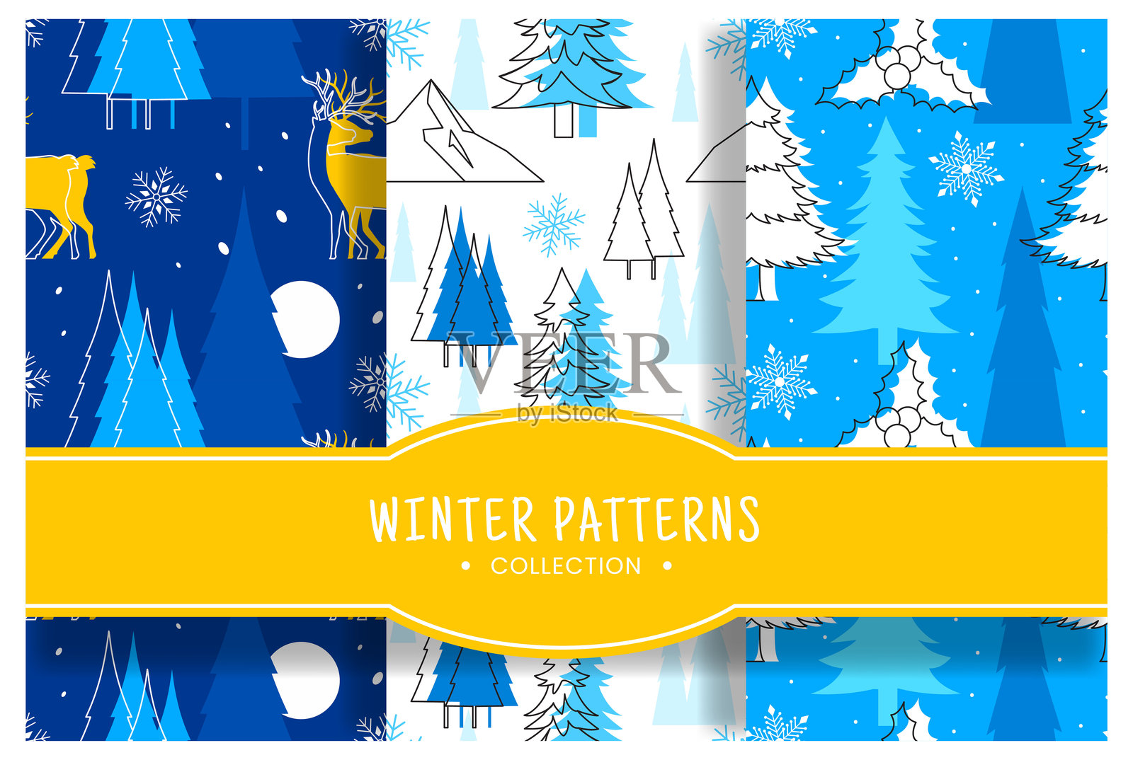 迷人的冬季无缝图案设计，特色装饰元素，手绘卡通风格插图模板插画图片素材