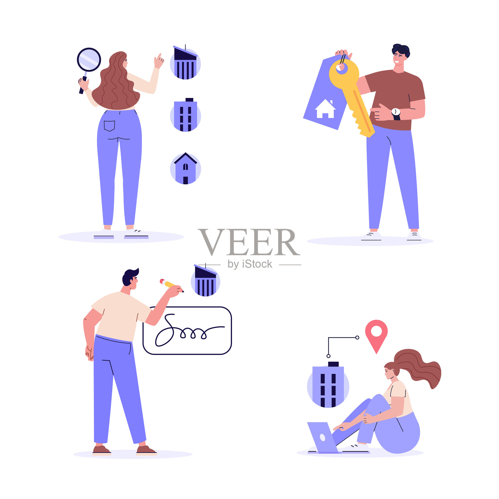 待售房屋。人们手持钥匙和购物车购买房屋。人们在线选择房屋。房地产购买、购房、抵押贷款的概念。用于网页设计和着陆页的矢量插图。插画图片素材