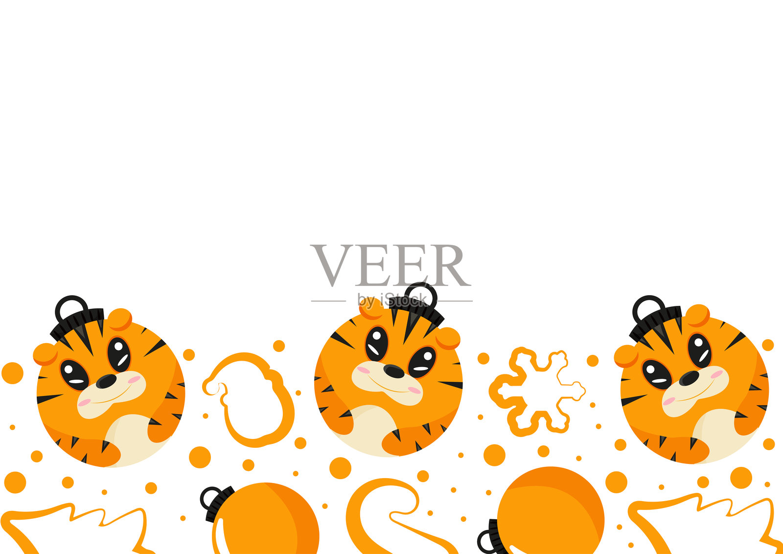 横向海报，圣诞树玩具老虎插画图片素材