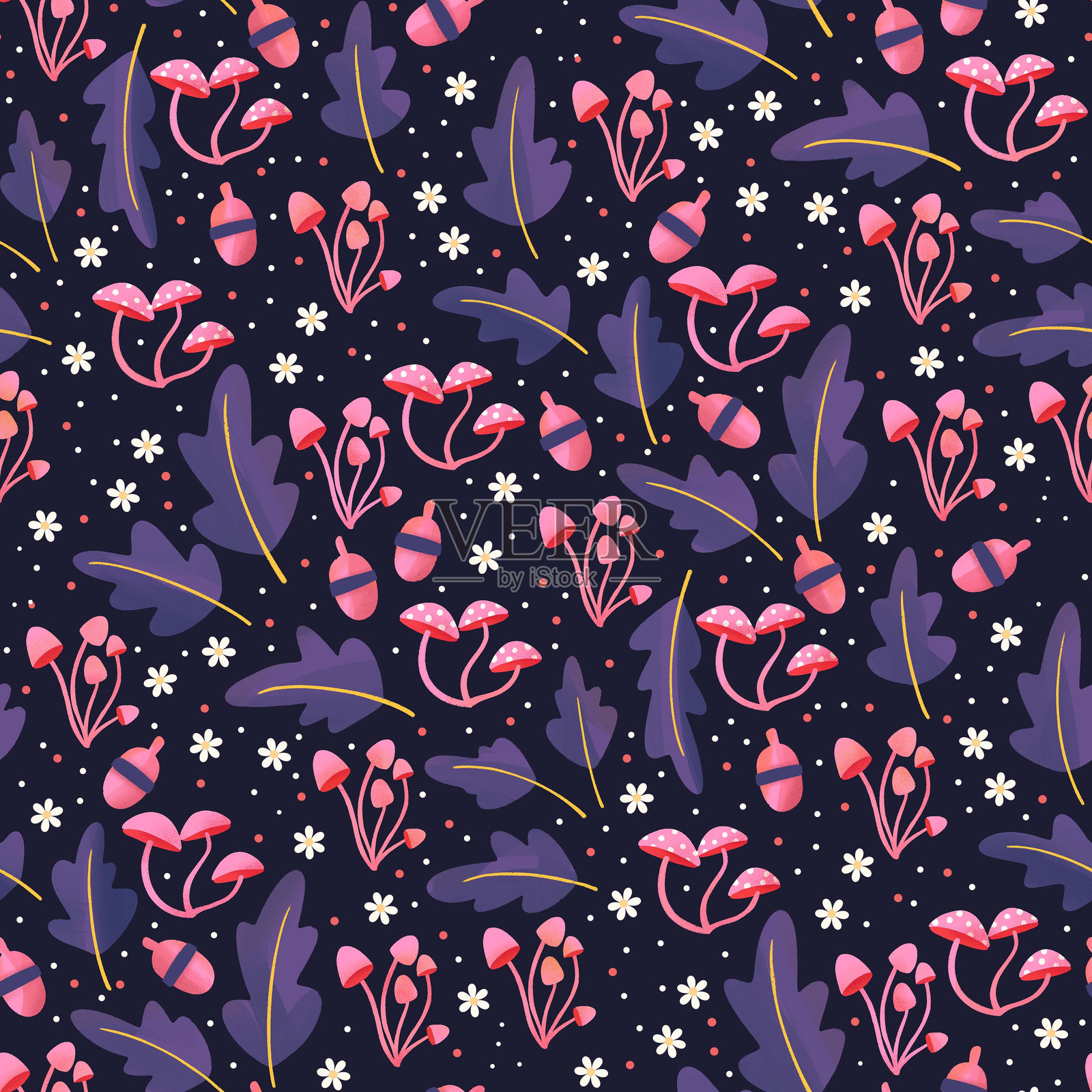 迷人的蘑菇和树叶森林图案插画图片素材