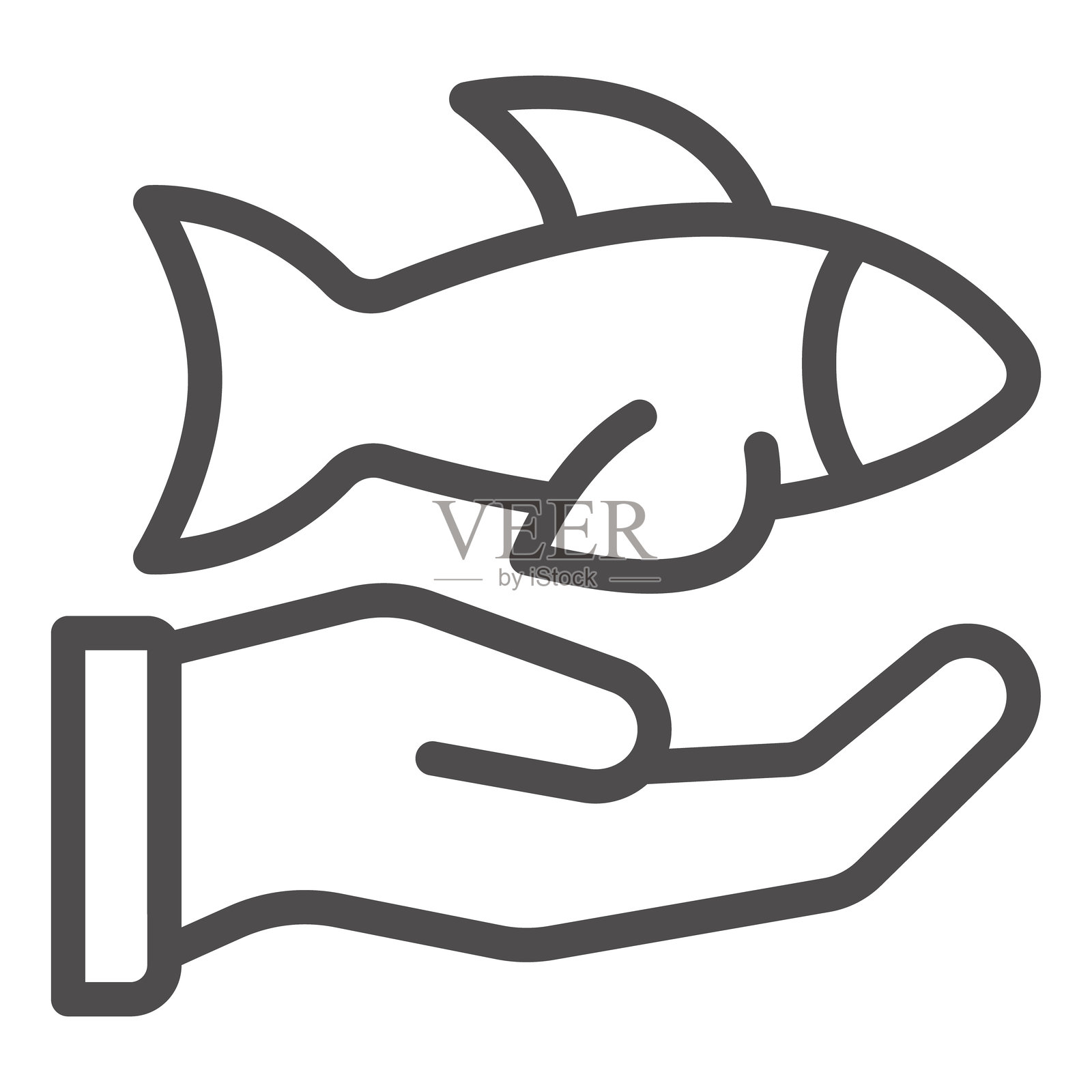 手掌线条图标上的鱼，渔业产品概念。矢量图形。白色背景上的新鲜鱼与手势，适用于移动或网页设计的轮廓风格图标。插画图片素材