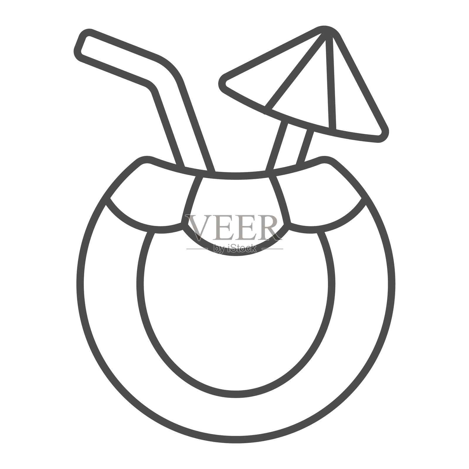 椰子饮料与鸡尾酒伞的细线图标，异国饮品概念。矢量图形。带伞的水果鸡尾酒标志，白色背景上的轮廓风格图标，适用于移动或网页设计。插画图片素材