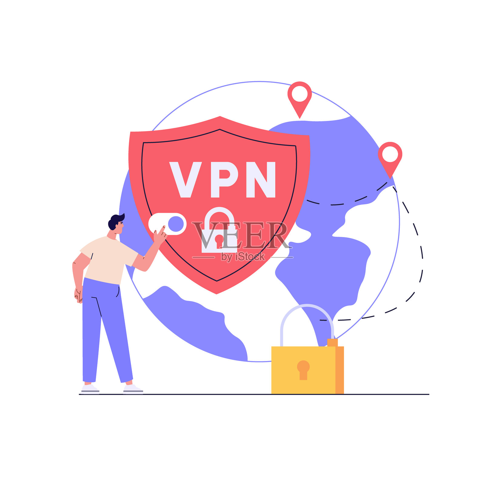 男性使用VPN保护笔记本电脑或计算机。用户通过VPN服务保护个人数据。虚拟私人网络、网络安全、安全网络流量和数据保护的概念。矢量插图插画图片素材