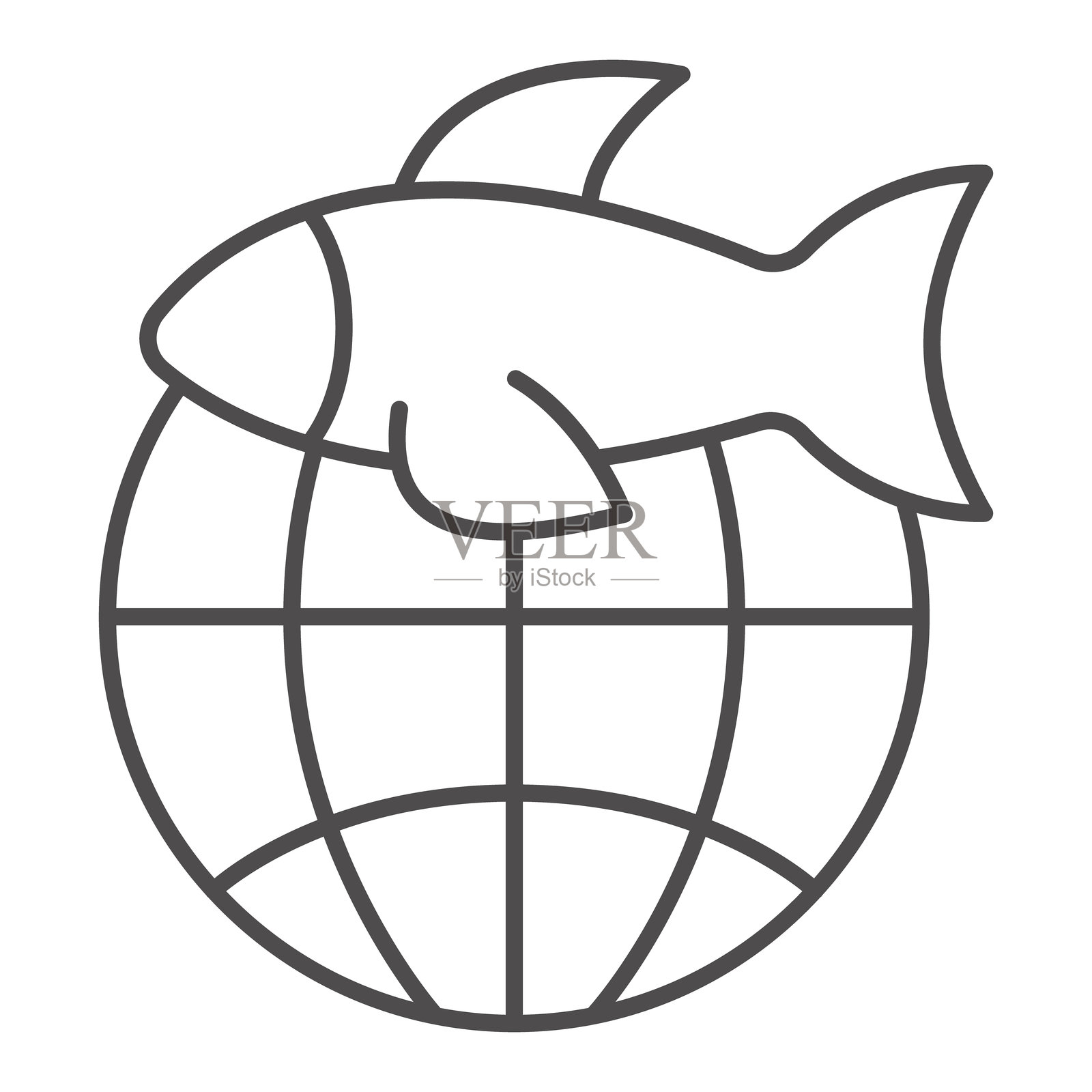带有世界地球仪的鱼类细线图标，全球渔业概念。矢量图形。白色背景上的全球渔业标志，适用于移动或网页设计的轮廓风格图标。插画图片素材