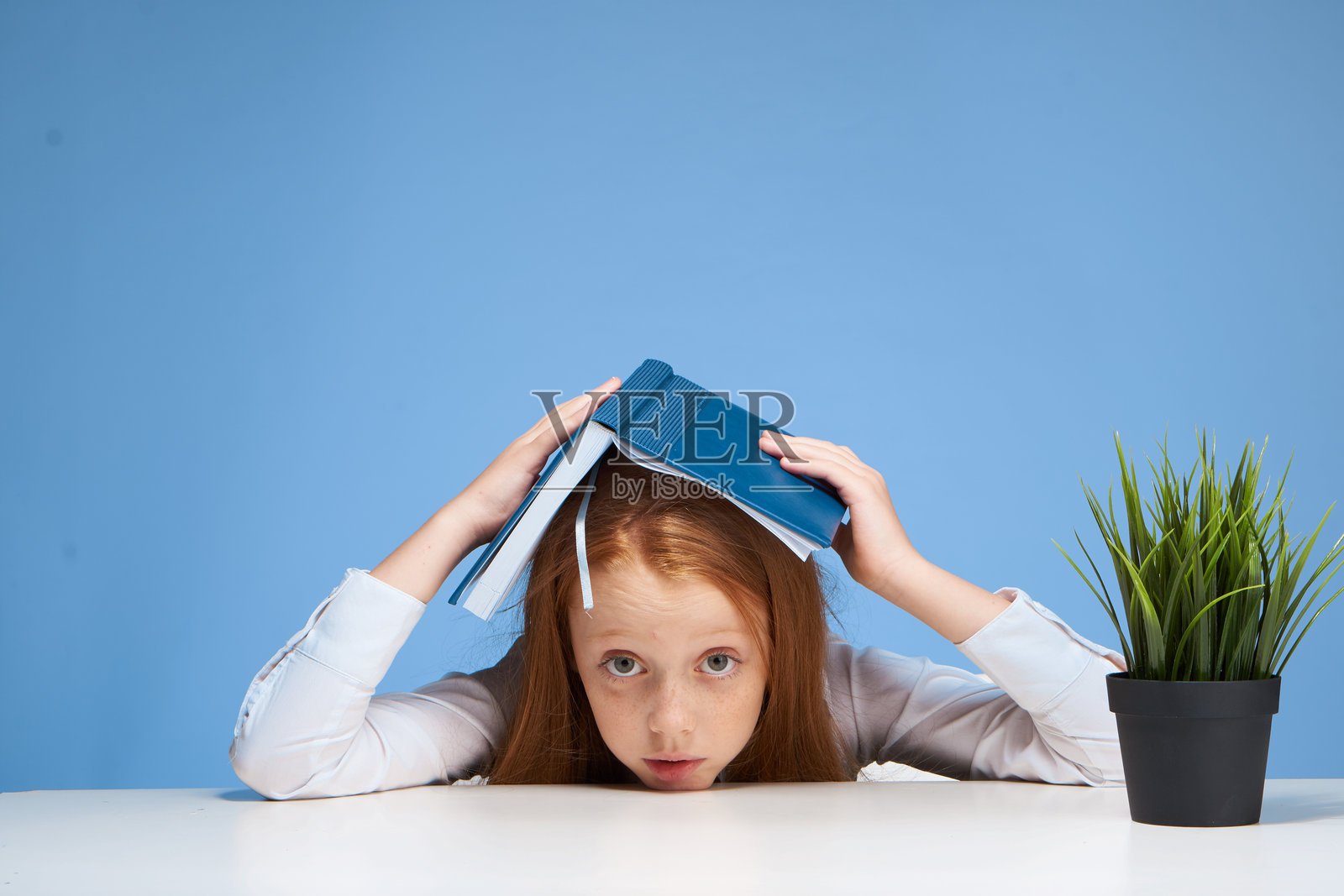 红发女孩在家做作业，学习教育照片摄影图片