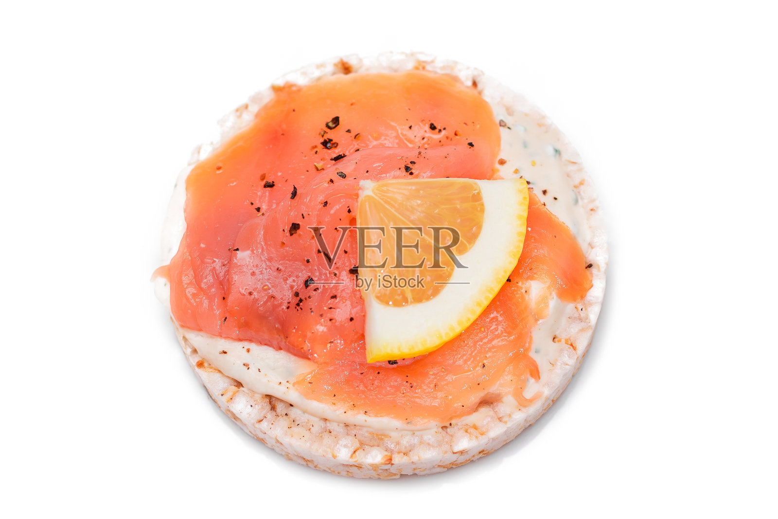 鲜虾和柠檬的米糕三明治 - 背景为白色照片摄影图片