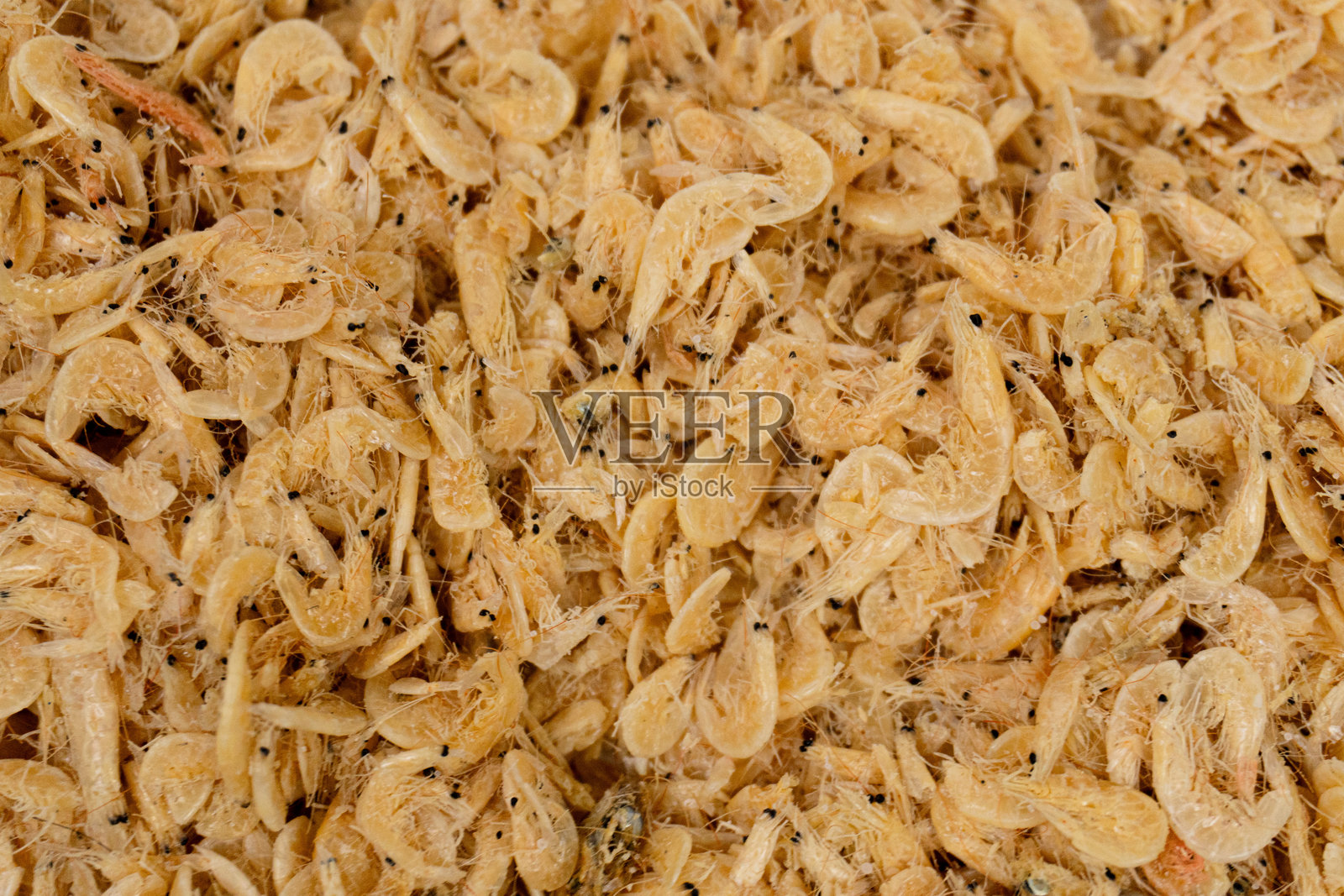 白色背景上的干虾特写，是亚洲料理中一种受欢迎的食材。照片摄影图片