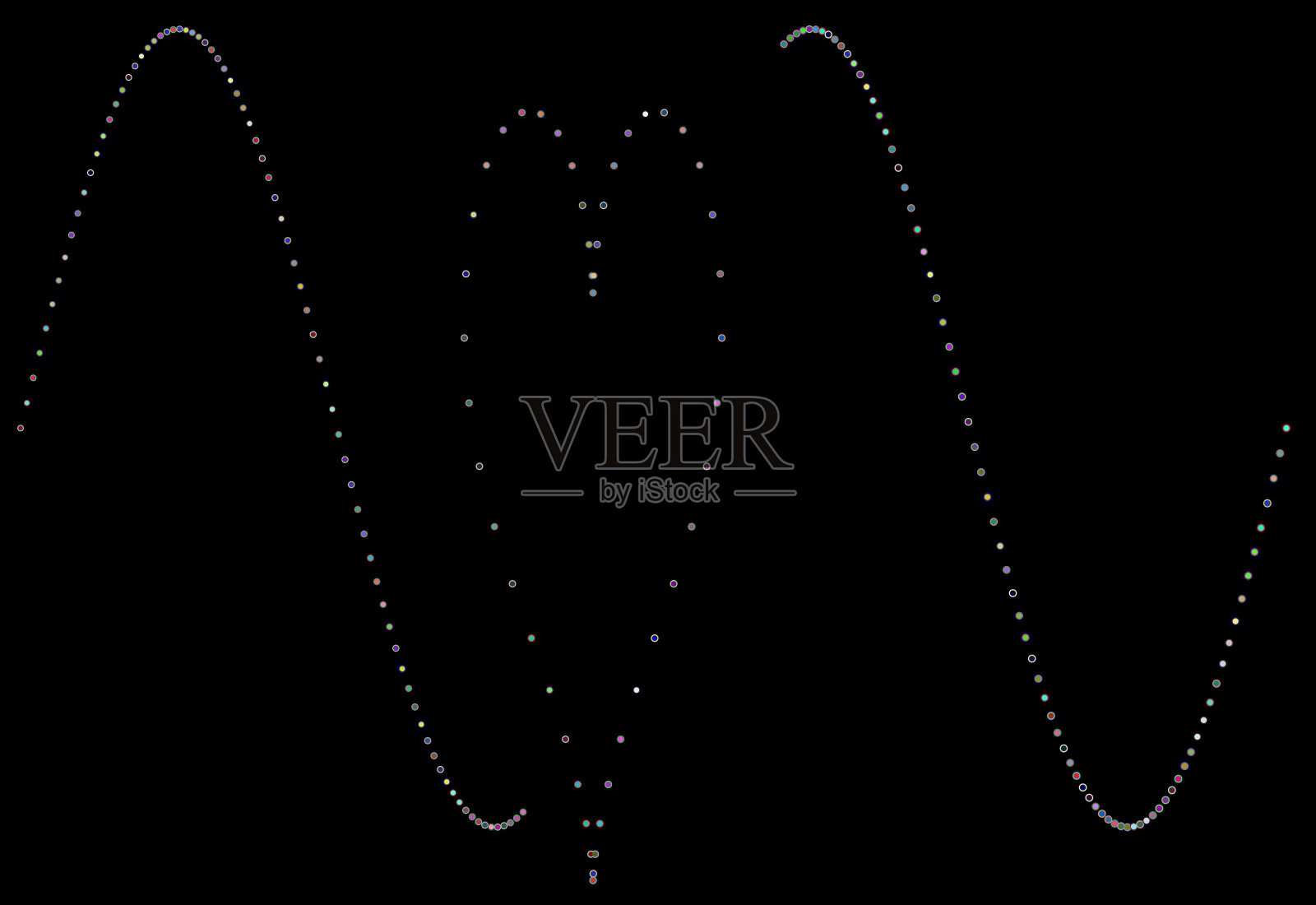 许多五颜六色的圆圈排列成正弦线，形成一个大心形，背景为黑色。照片摄影图片