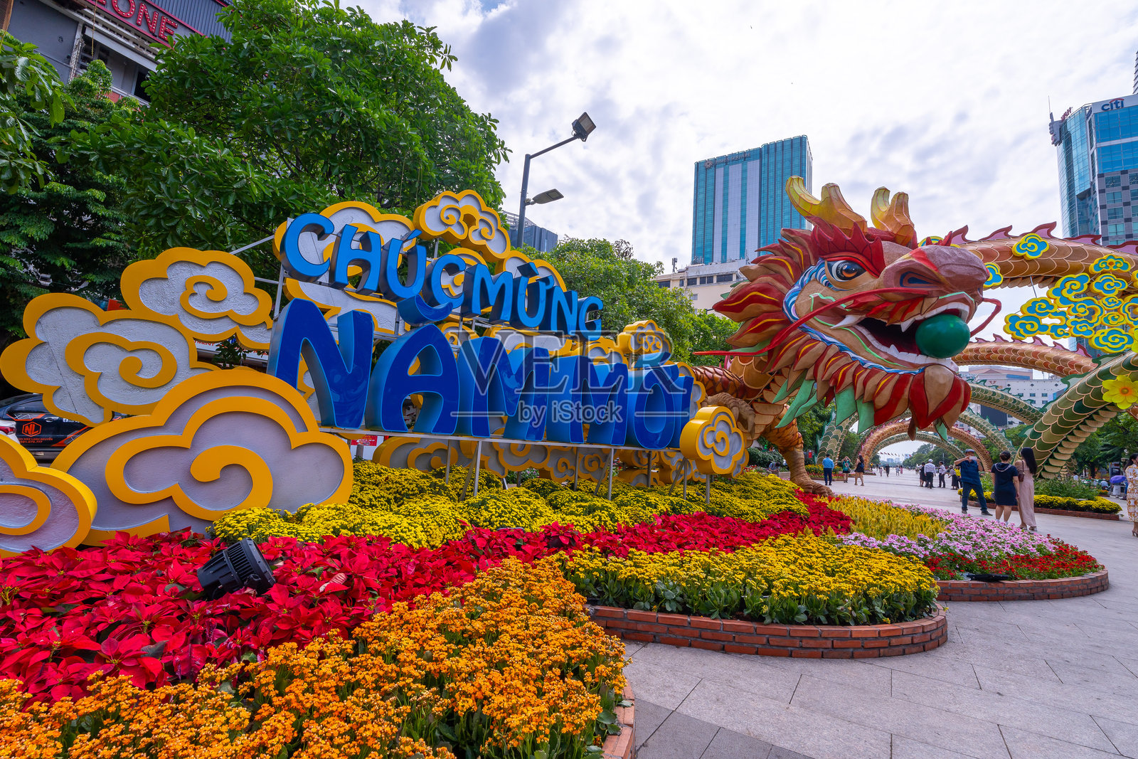 越南农历新年。人们穿着越南传统的奥黛，在街上与黄花杏和龙的装饰合影，庆祝春节。照片摄影图片