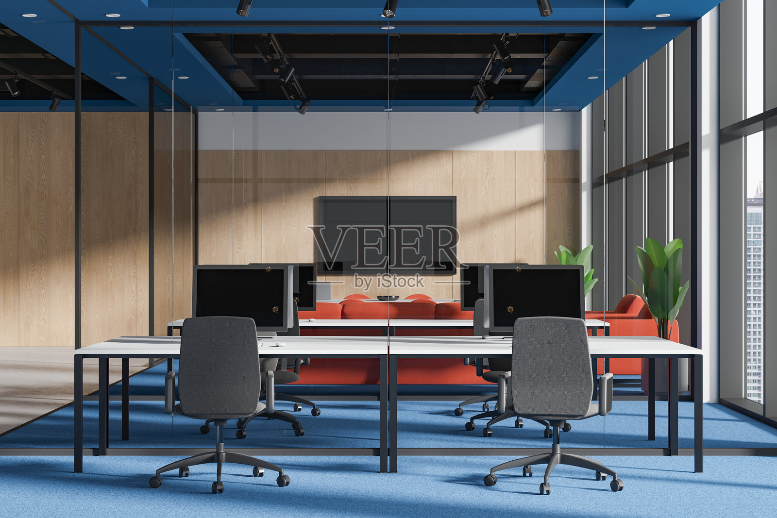 现代办公室内部，设有共享工作区和会议室，配有全景窗户照片摄影图片