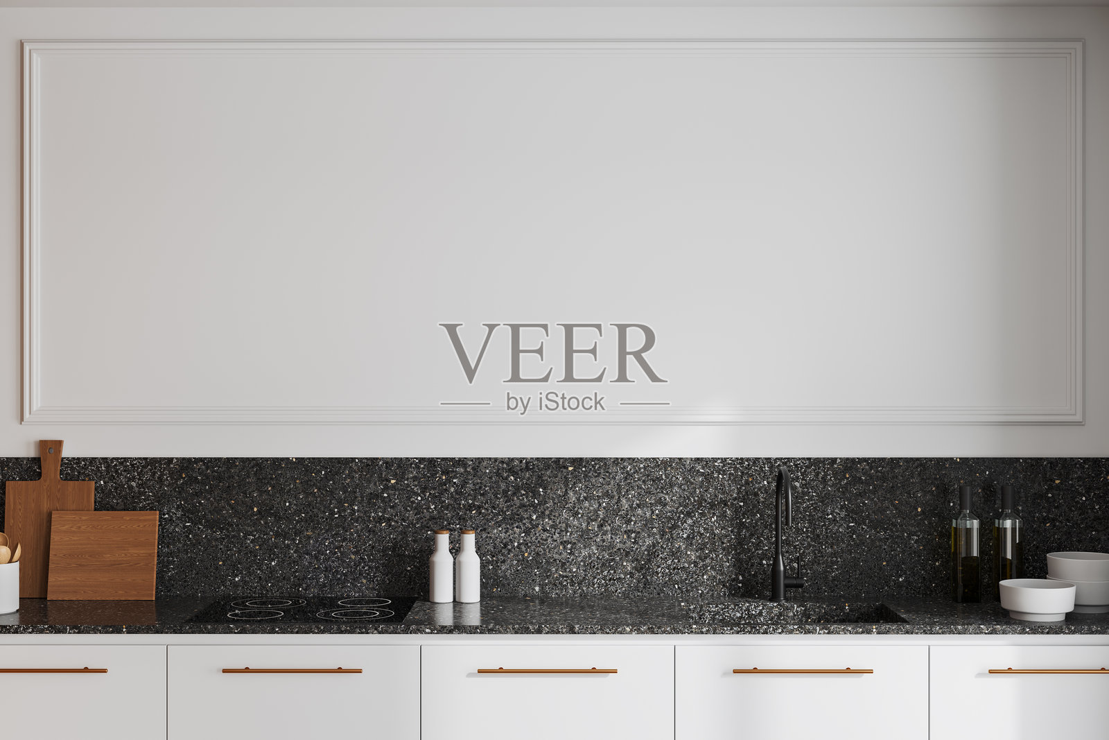 现代简约风格的厨房室内，配有白色橱柜。3D渲染图照片摄影图片