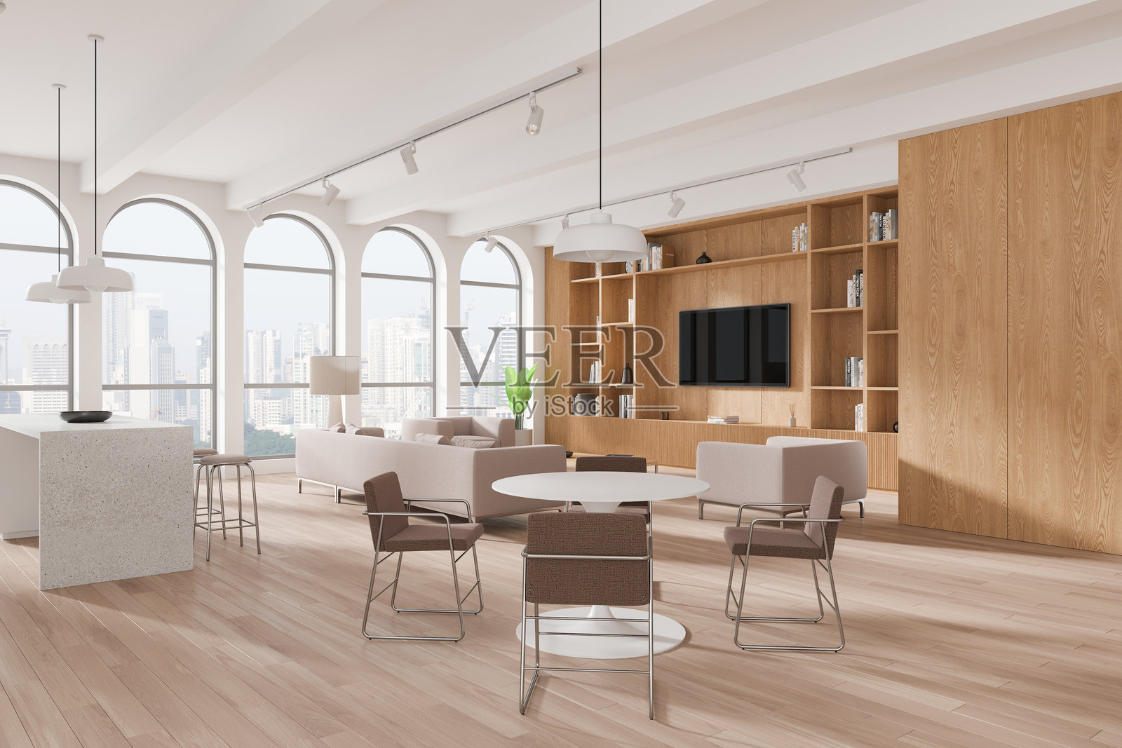 舒适的家居工作室内部，设有用餐和休闲区域，配有全景窗户照片摄影图片