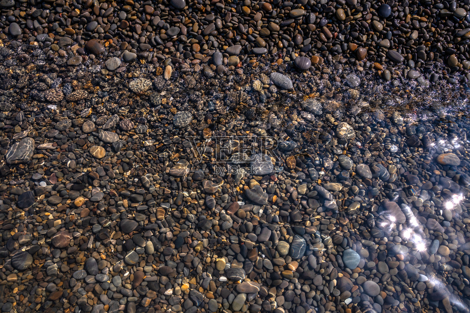 水下卵石背景。照片摄影图片