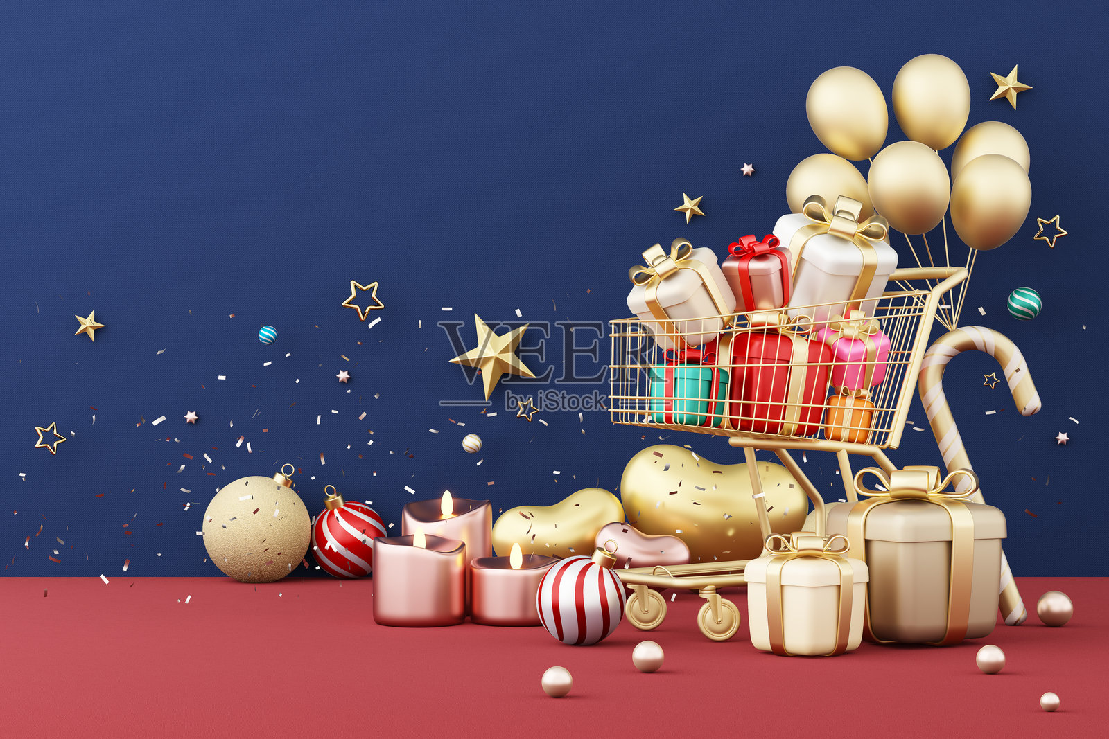 快乐购物。圣诞节或新年节日奢华背景，配有购物车、金色礼品盒、气球、五彩纸屑，背景为红色和蓝色天鹅绒。圣诞装饰。3D插图。照片摄影图片