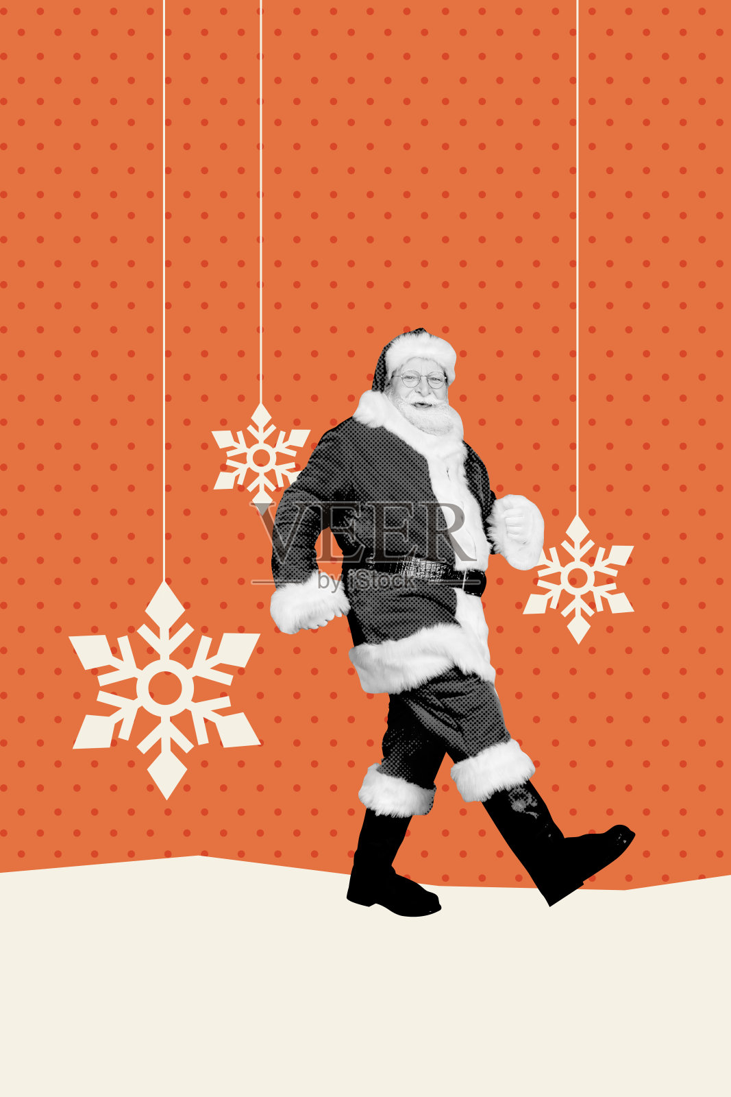 趋势艺术创意草图 3D 照片拼贴 冬季天气 雪庆祝假期 年长男性 圣诞老人服装 胡须 行走方向照片摄影图片