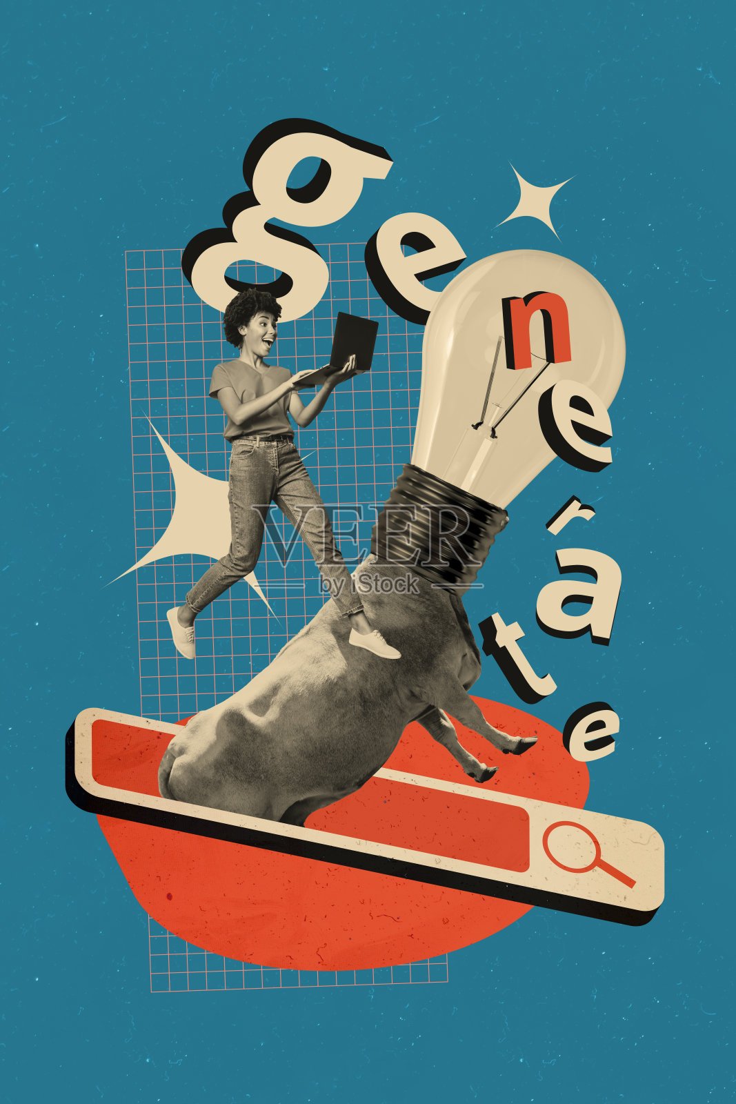 创意年轻男子站立，手持灯泡，构思趋势艺术作品的拼贴图像，建筑助手的手在拉动。照片摄影图片