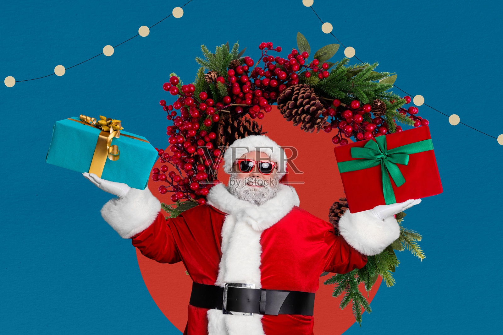 冬季圣诞节和新年主题的复合3D拼贴艺术作品模板设计，老年人站着手持礼品盒，留有空白空间。照片摄影图片