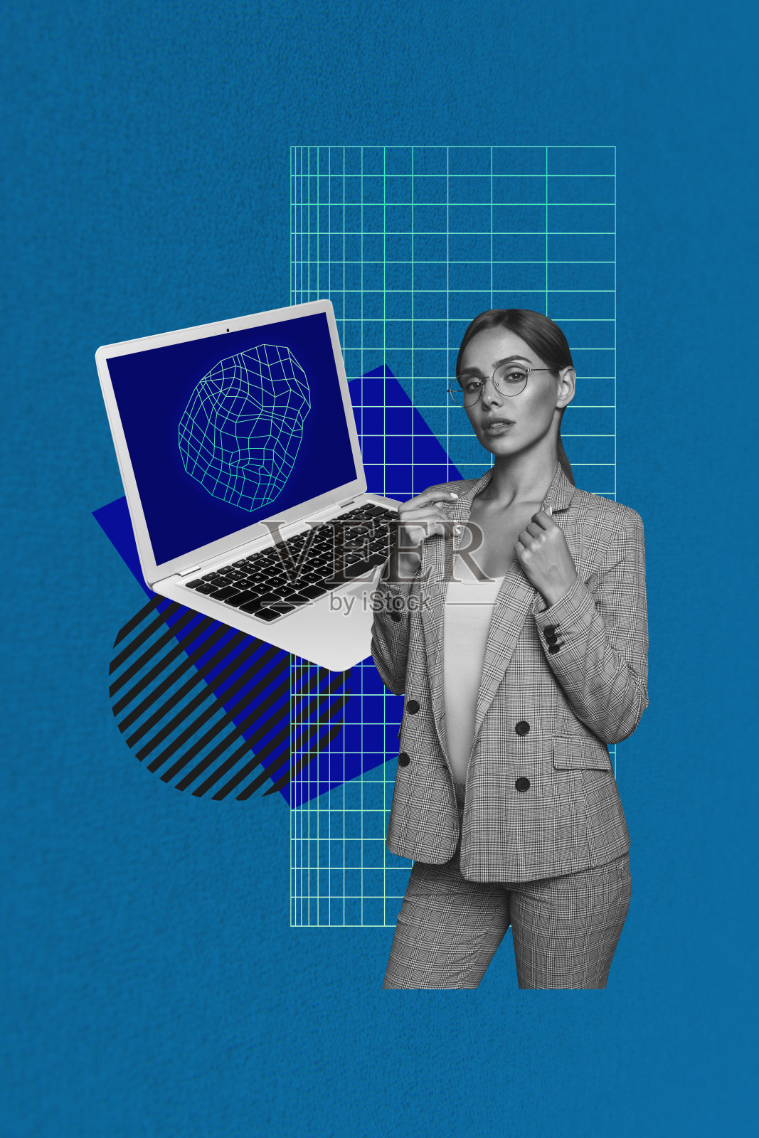 严肃的女商人穿着正式西装，使用GPT应用程序分析，面带口罩，坐在笔记本电脑屏幕前，背景为涂鸦风格的画面。照片摄影图片