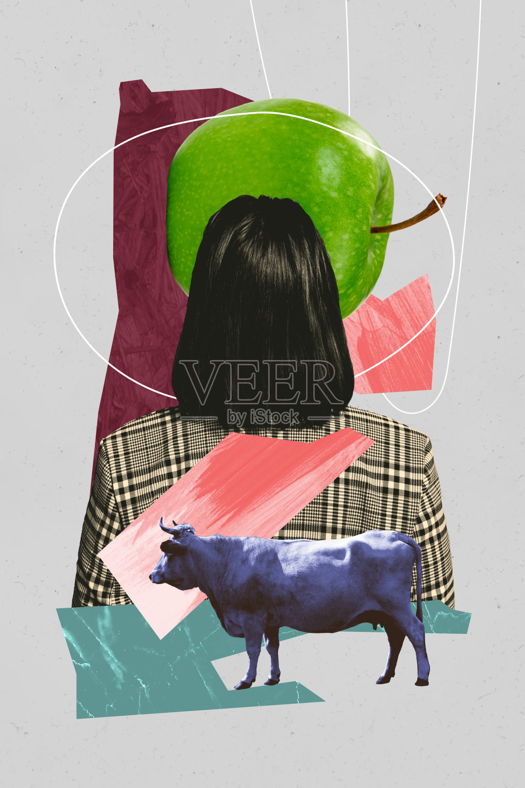 垂直照片拼贴，匿名女孩，棕色头发，绿色苹果，农民，牛，动物营养，牛奶，水果，孤立在涂鸦背景上照片摄影图片