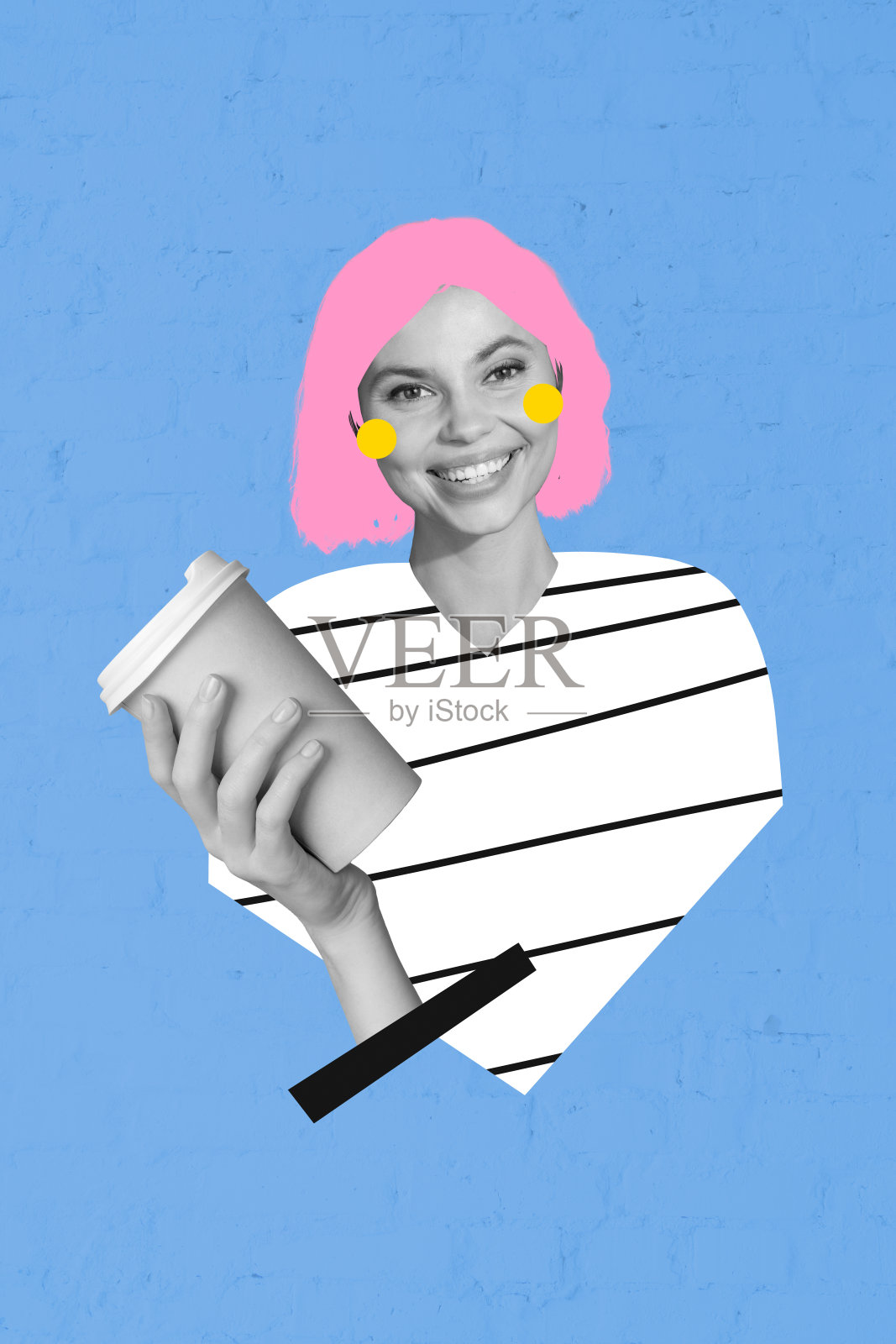 垂直照片拼贴，快乐女孩戴着粉色假发，脸颊微红，手里拿着外带咖啡饮料，背景为涂鸦风格。照片摄影图片