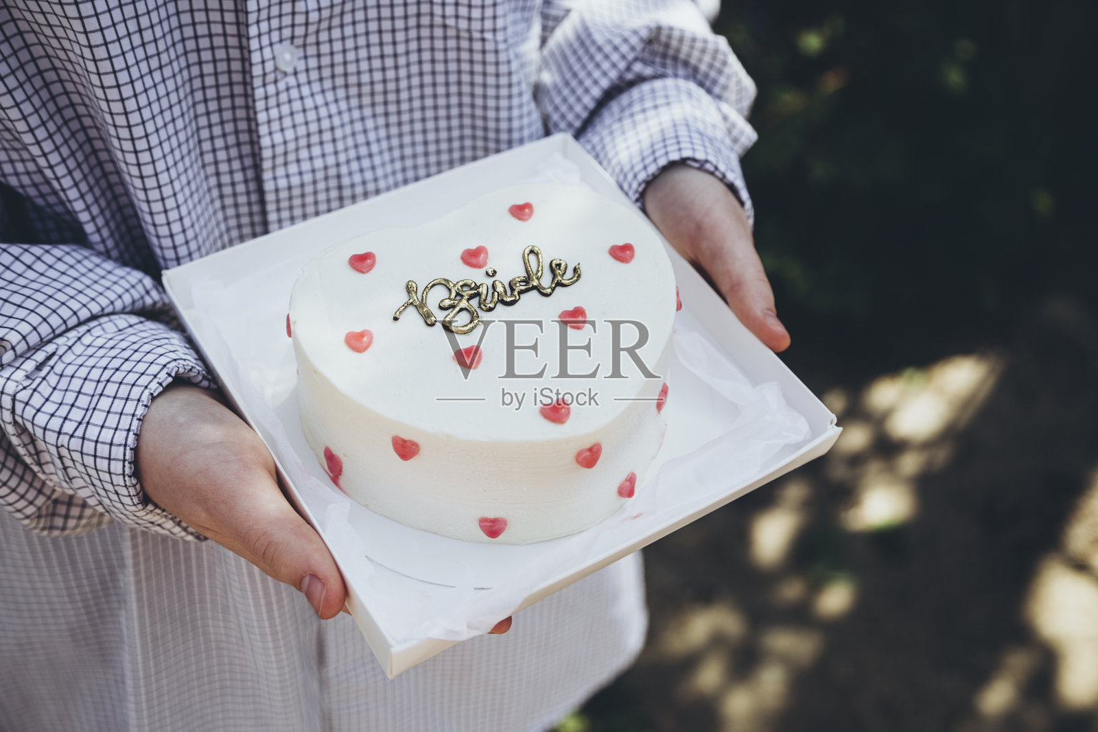 女性手中拿着写有“新娘”的单身派对蛋糕。照片摄影图片