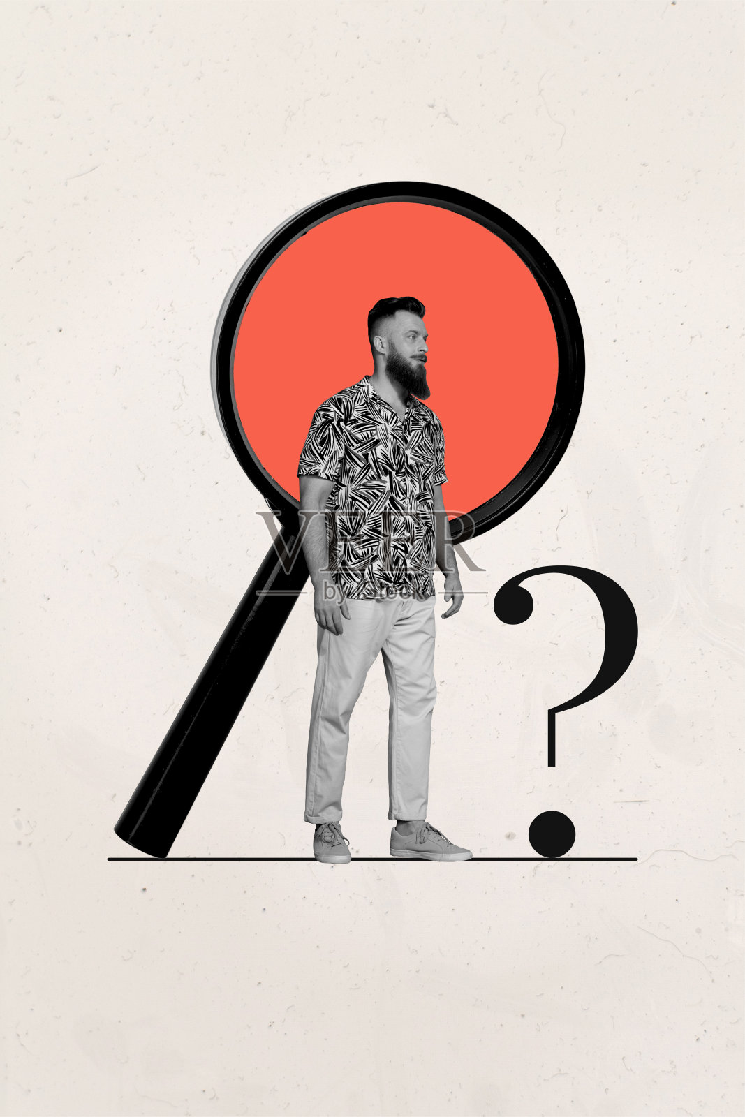 复合趋势艺术作品 3D 草图图像 照片拼贴 帅气男模特摆姿势 微型支架 巨型放大镜 提问照片摄影图片