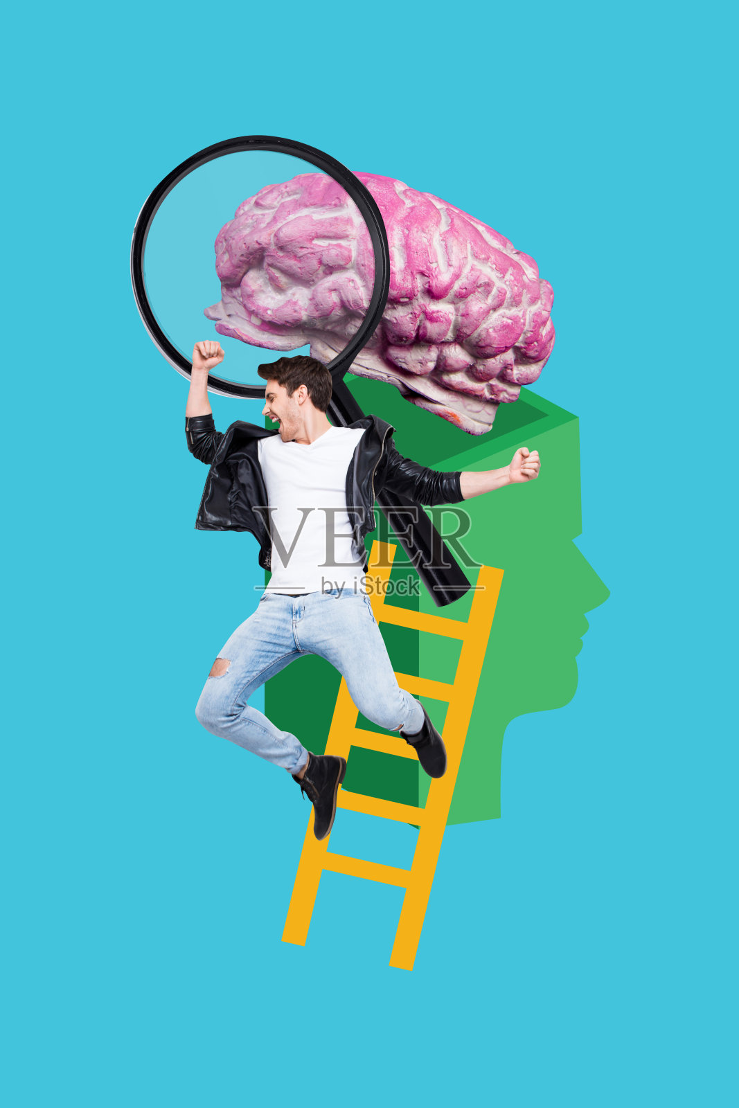 年轻有抱负的男子在梯子上跳跃庆祝胜利，探索大脑，放大镜放大发现聪明的思考决策照片摄影图片