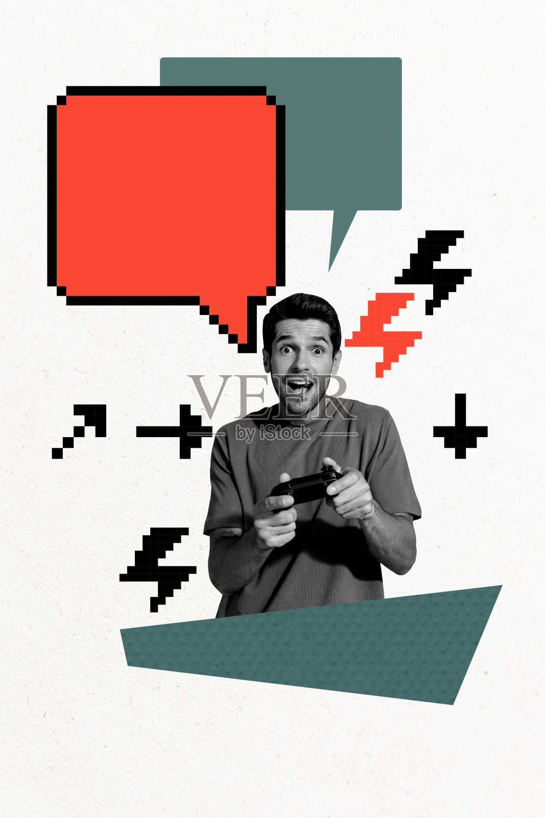 垂直照片拼贴，快乐惊讶的男士手持游戏手柄玩复古游戏，气泡交流，背景为涂鸦风格。照片摄影图片