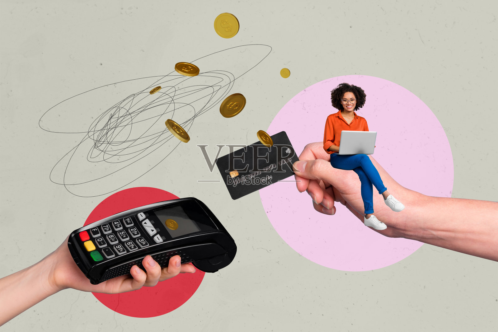 快乐的美国女孩收银员在涂鸦背景下，手持信用卡和笔记本电脑，使用POS终端进行NFC支付的拼贴照片。照片摄影图片