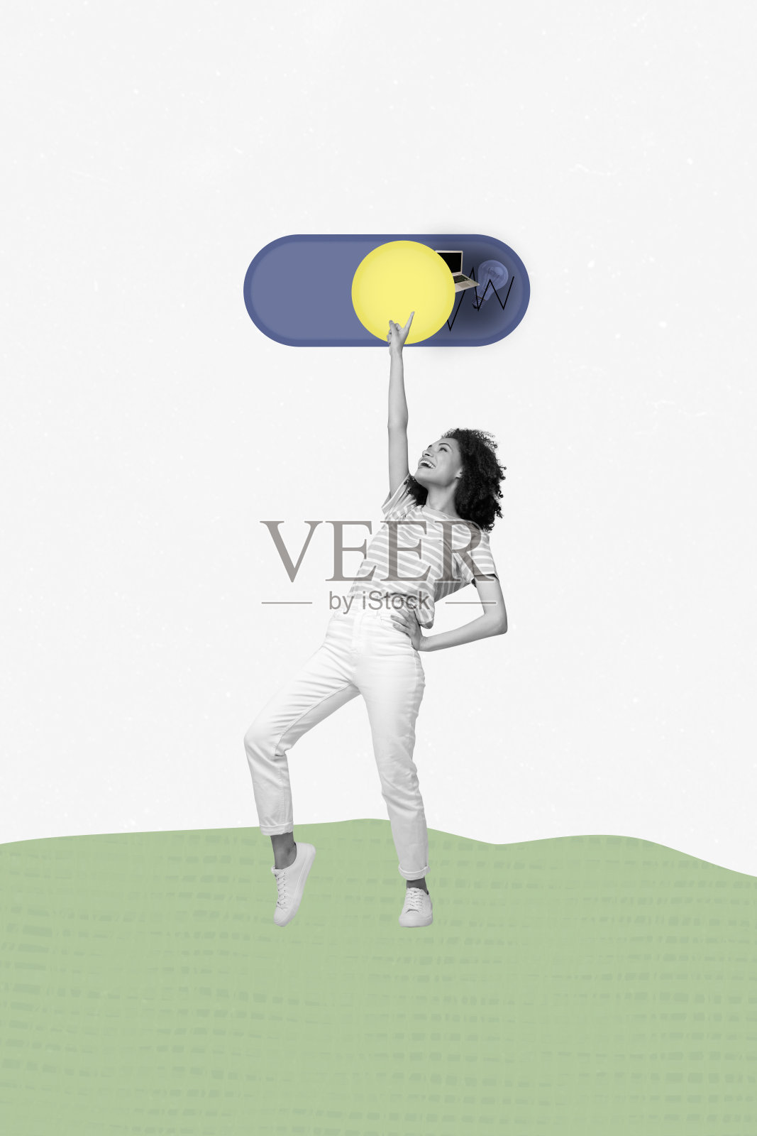 年轻女学生的复合艺术3D照片拼贴趋势模板，手指指向笔记本电脑的开关按钮，图形交易商。照片摄影图片