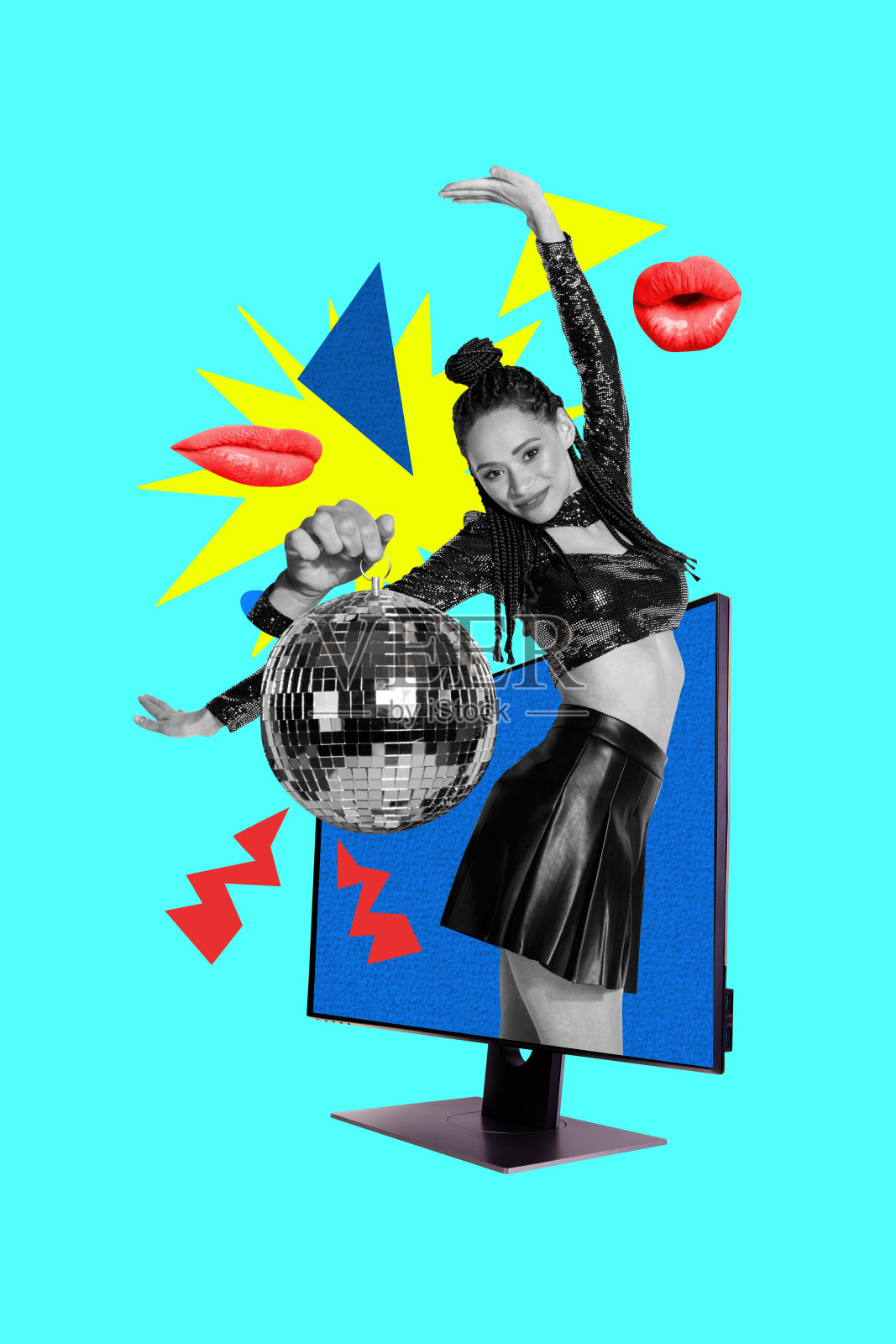 快乐的美国女孩在电视机前跳舞，背景是涂鸦风格的派对场景，周围有迪斯科球，嘴唇微张，展现出周六派对的氛围。照片摄影图片