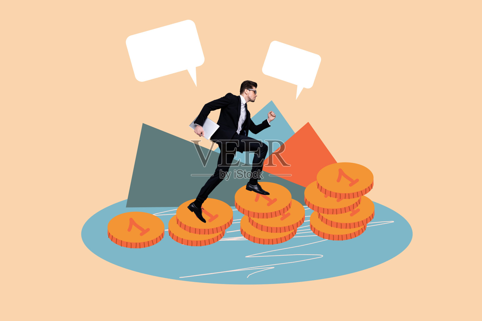 严肃商人的拼贴照片，手持笔记本电脑，讨论收入、利润和银行增长的气泡，背景为涂鸦风格。照片摄影图片