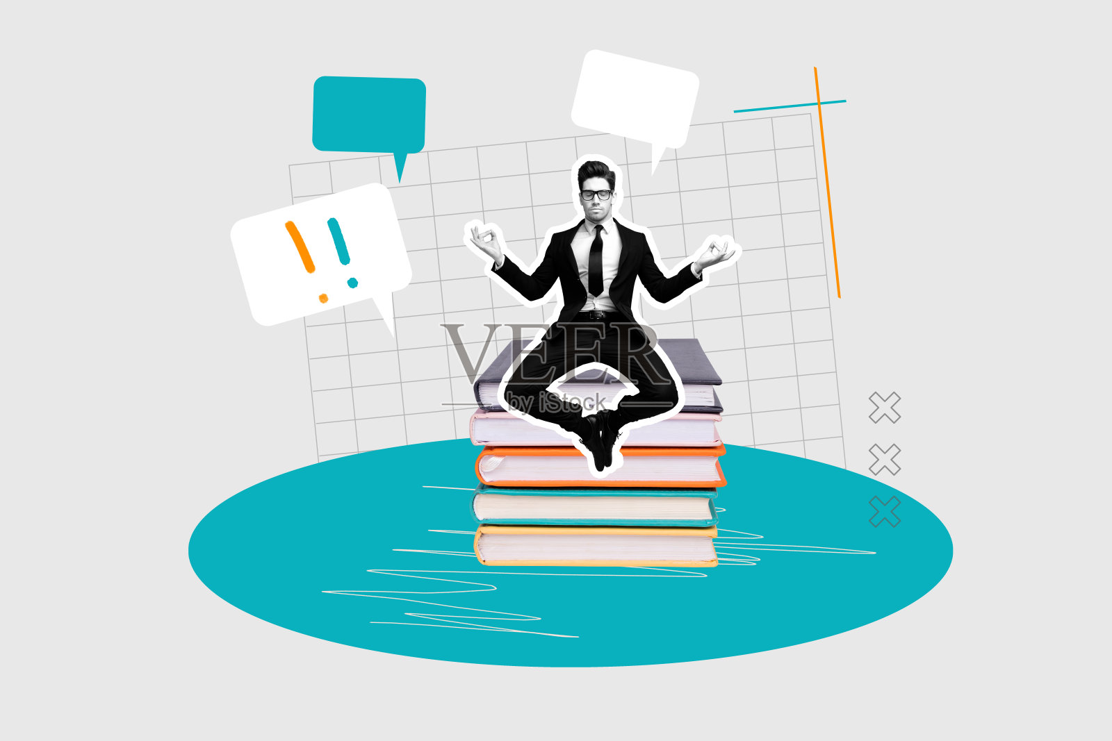 学生年轻男孩悬浮在书堆上，思考聊天的云朵，教育主题的3D照片拼贴艺术作品照片摄影图片