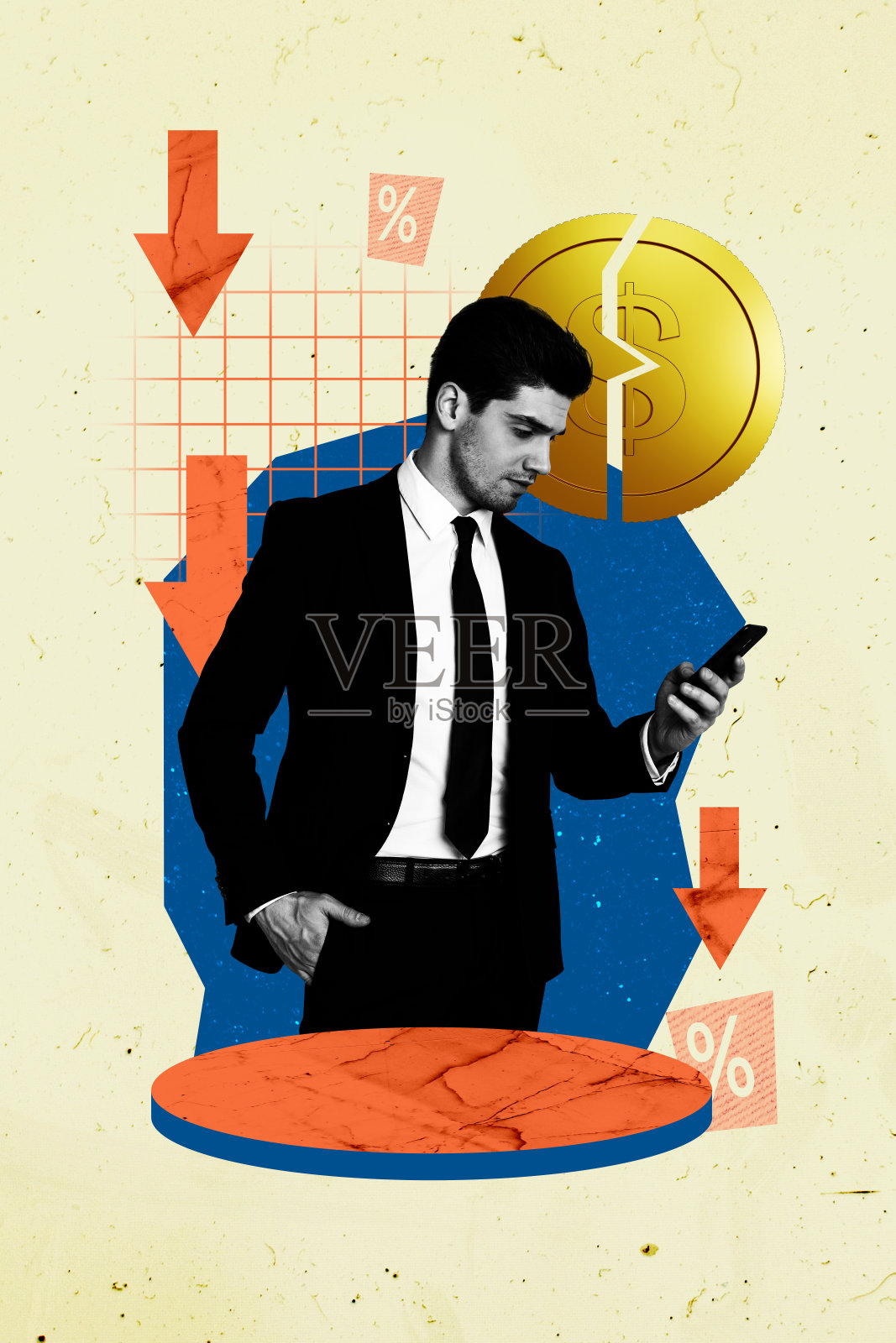 3D拼贴趋势艺术作品，商务正装年轻男士站立，手持智能手机，在线经济金融外汇。照片摄影图片