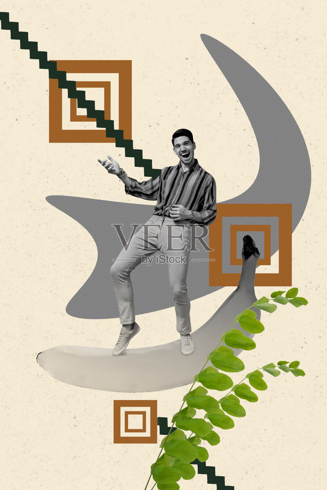 兴奋的男人在派对庆祝中模仿弹吉他，周围有叶子和成熟的香蕉，背景为涂鸦风格的画面，呈现出竖版照片拼贴效果。照片摄影图片