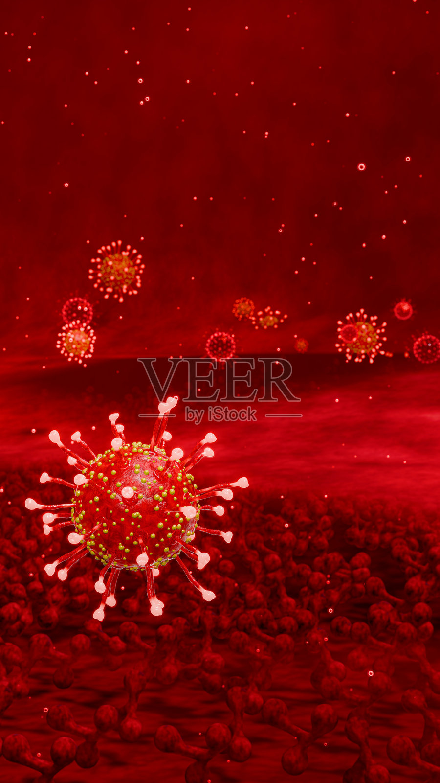 HIV病毒或COVID-19的模拟。病毒在体内的爆发。免疫缺陷或艾滋病破坏身体的免疫系统，传播并摧毁身体的神经系统。3D渲染。照片摄影图片