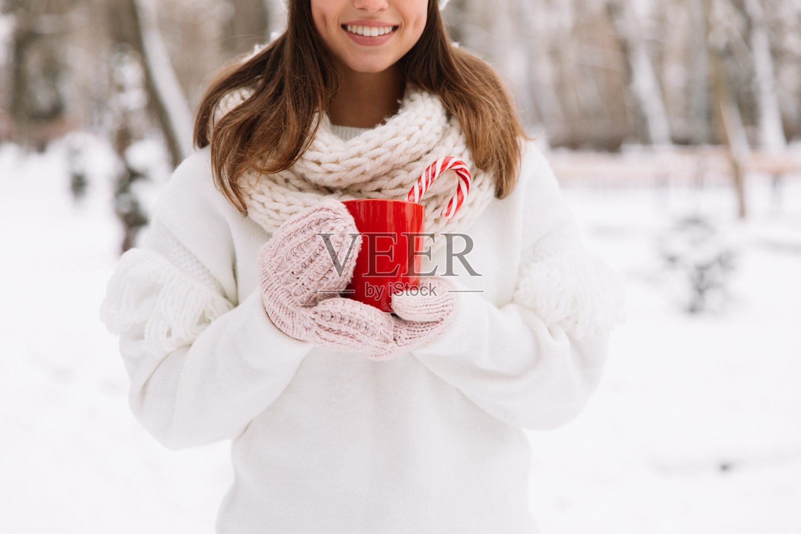 女人在公园里特写手握冬季杯子。女人戴着手套，手中拿着一个温暖的杯子，里面装着热可可、茶或咖啡，还有一根糖果手杖。冬季和圣诞节的概念。照片摄影图片