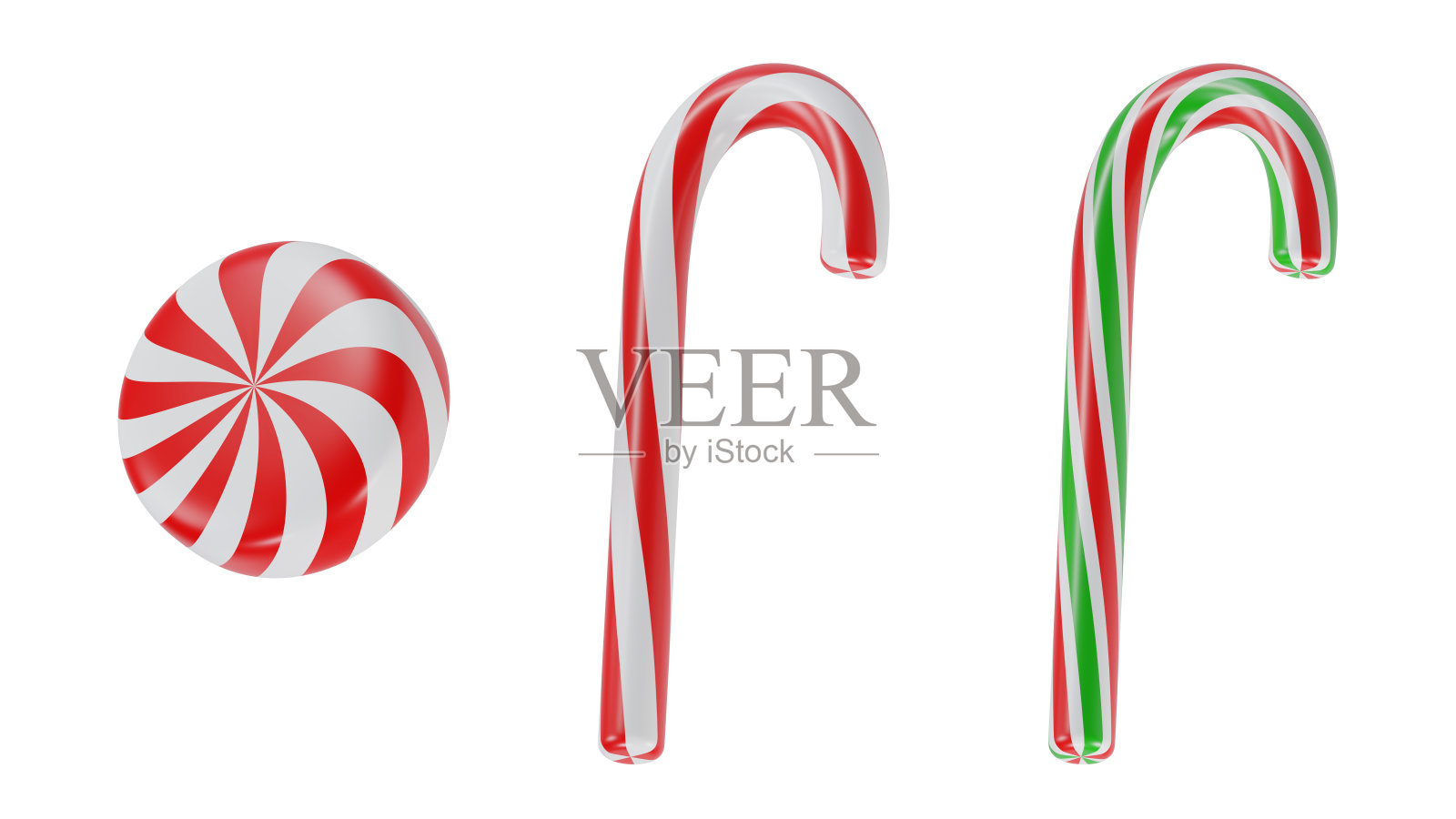白色背景上的圣诞糖果手杖套装，带有薄荷漩涡图案。照片摄影图片